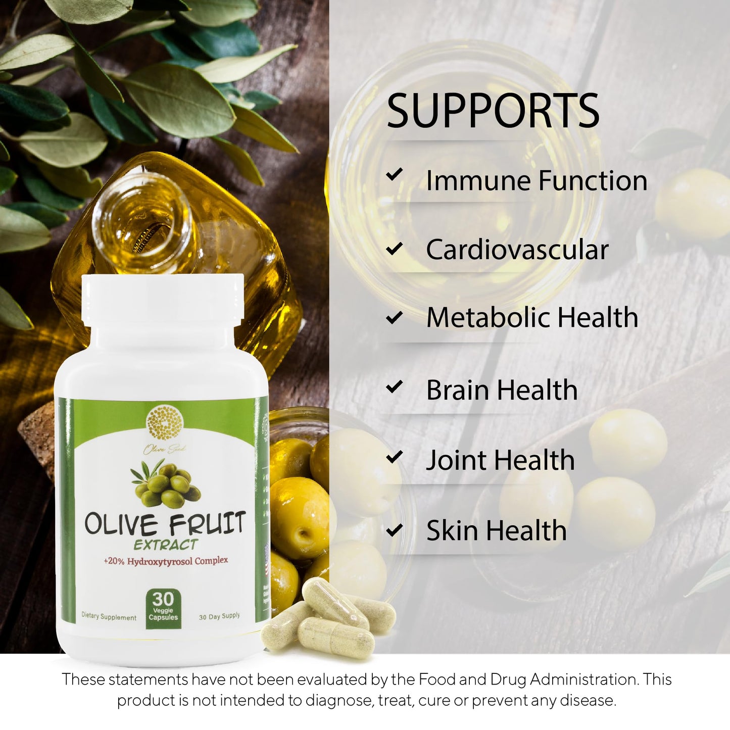 Olive Seed Olive Fruit Extract Supplement 50 mg - Standardized to 20% Hydroxytyrosol Capsule, 30 Count
