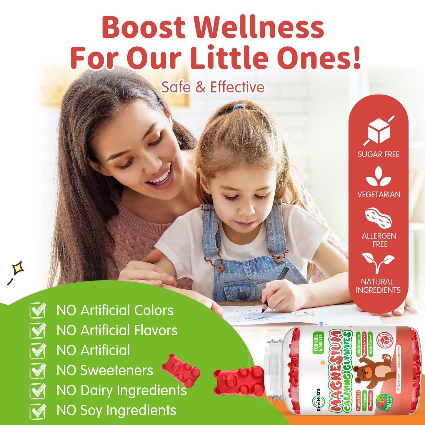 ReviNutra Magnesium Glycinate Gummies with L-Theanine, Vitamin B6, D3 for Kids & Adults Sugar Free Raspberry, 60 Count