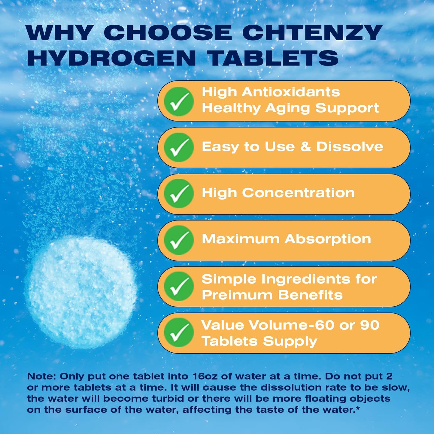CHTENZY Hydrogen Water Tablets - H2 Molecular Hydrogen, Tablet, 90 Count