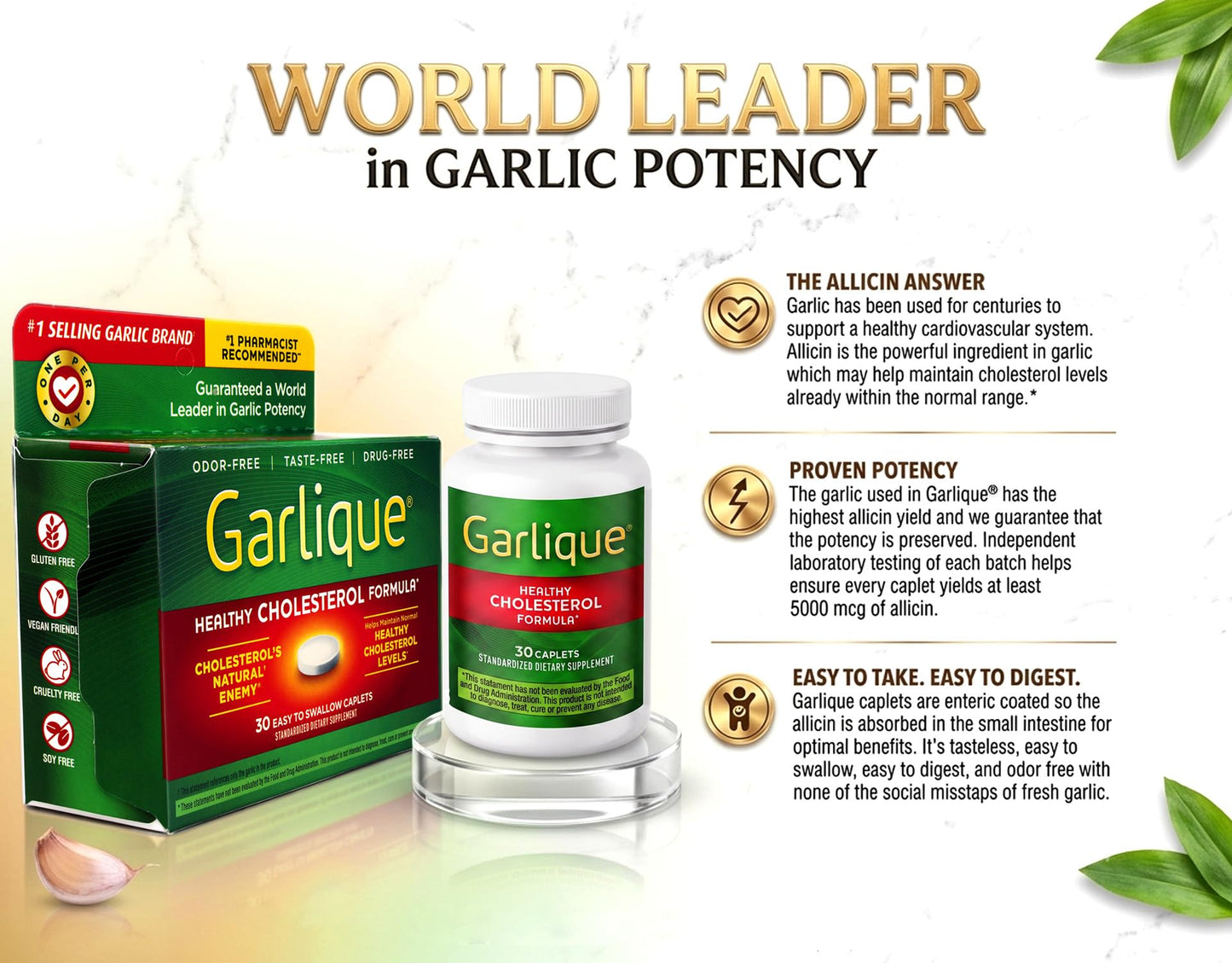 Garlique Healthy Cholesterol Garlic Supplement Caplets 30 Count