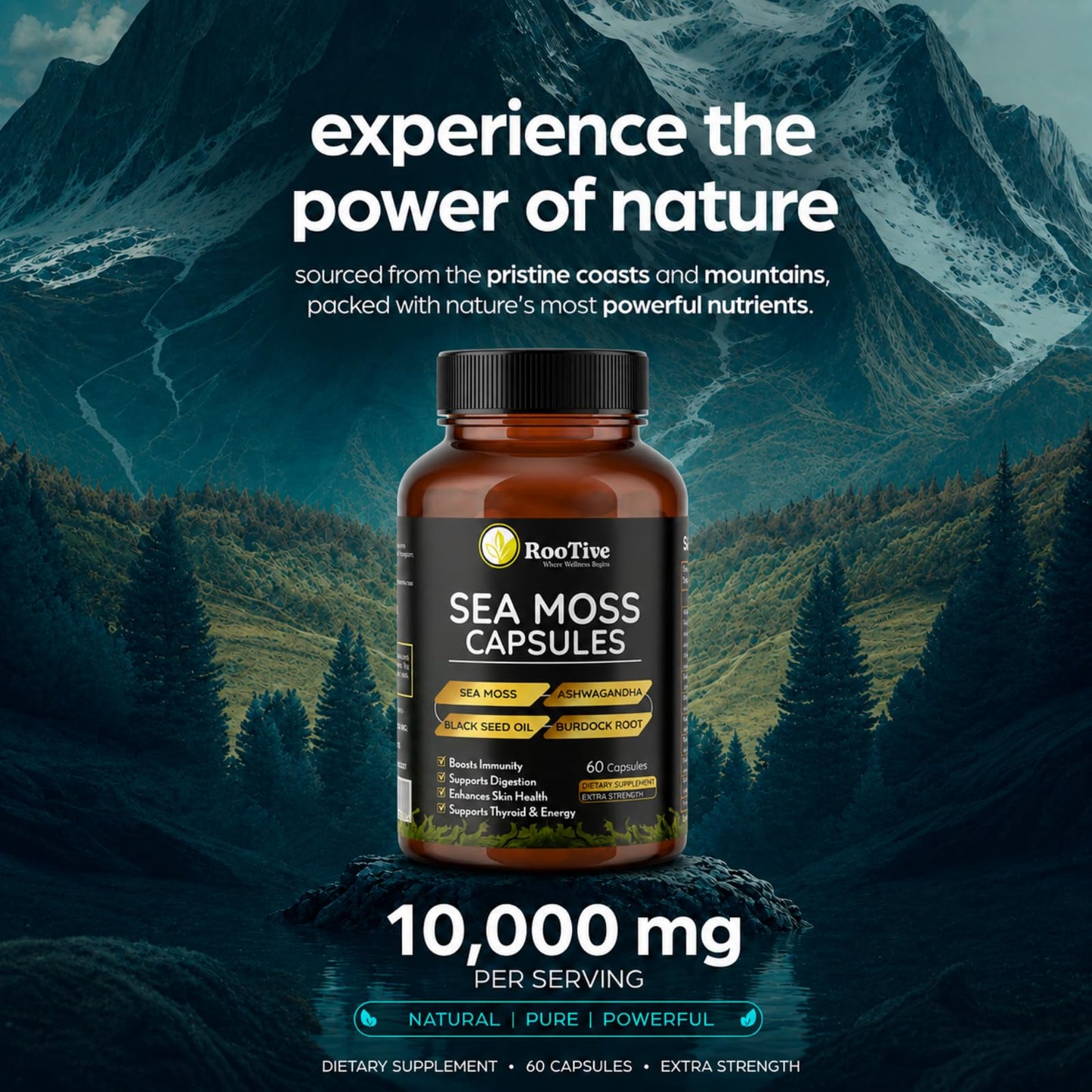 ROOTIVE Sea Moss Capsules with Ashwagandha, Black Seed, Turmeric, Burdock Root, Bladderwrack, Apple Cider Vinegar & Manuka Honey, Irish Sea Moss Supplement, 60 Capsules