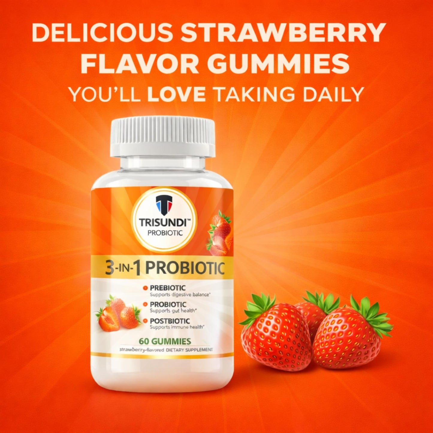 Trisundi 3-in-1 Probiotic Gummies with Prebiotic & Postbiotic, Daily Digestive Support Supplement, 60 Gummies