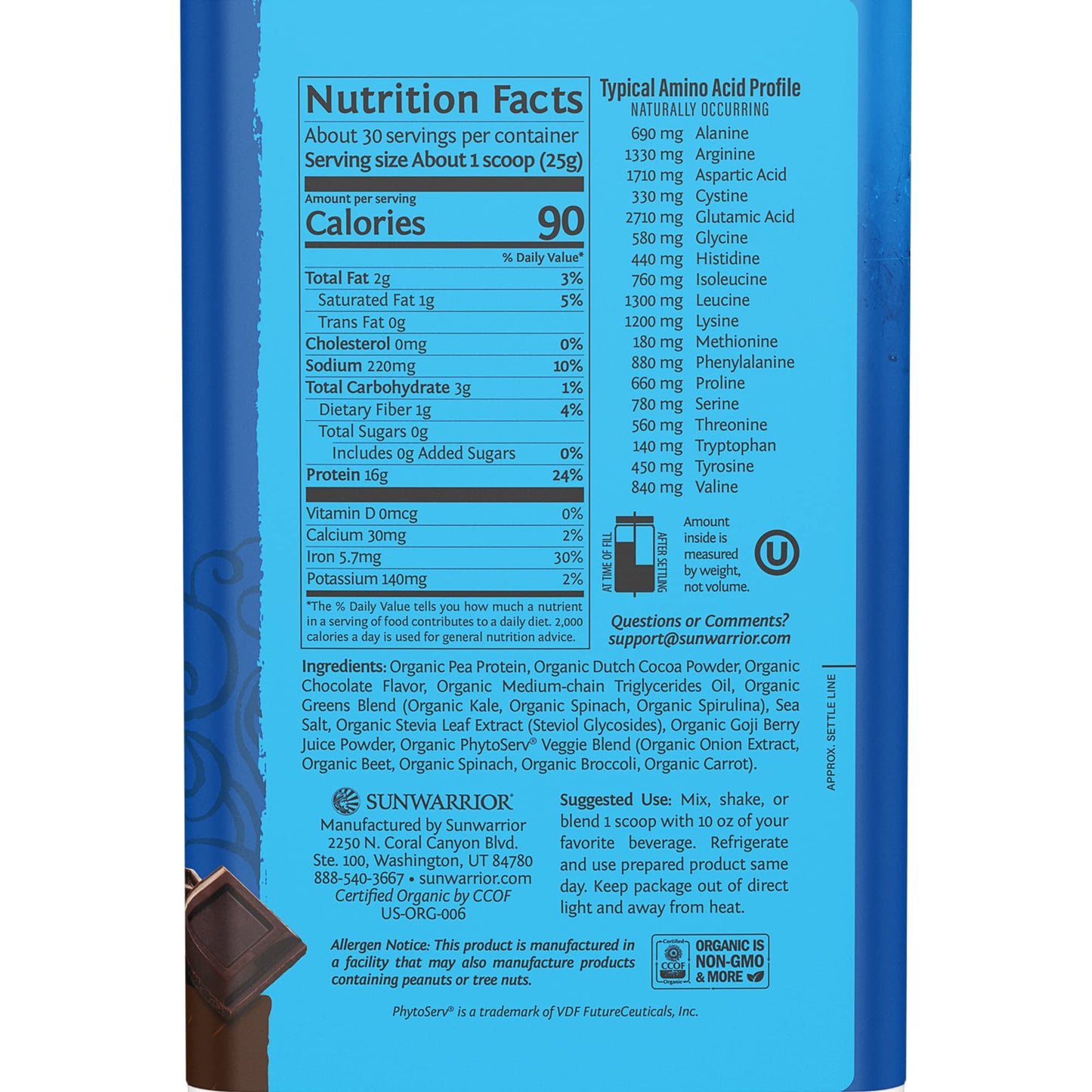 Sunwarrior Organic Protein Greens Superfood Powder Chocolate Flavored, Vegan Plant-Based, 30 Servings