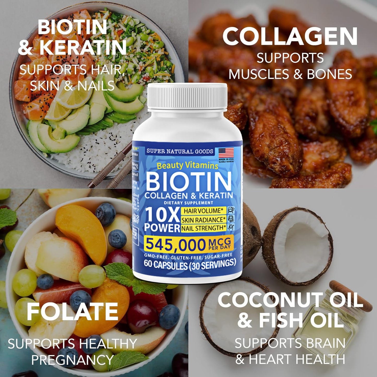 Super Natural Goods Biotin and Collagen Vitamins + Keratin with Folate, Hair Growth Support, 60 Capsules