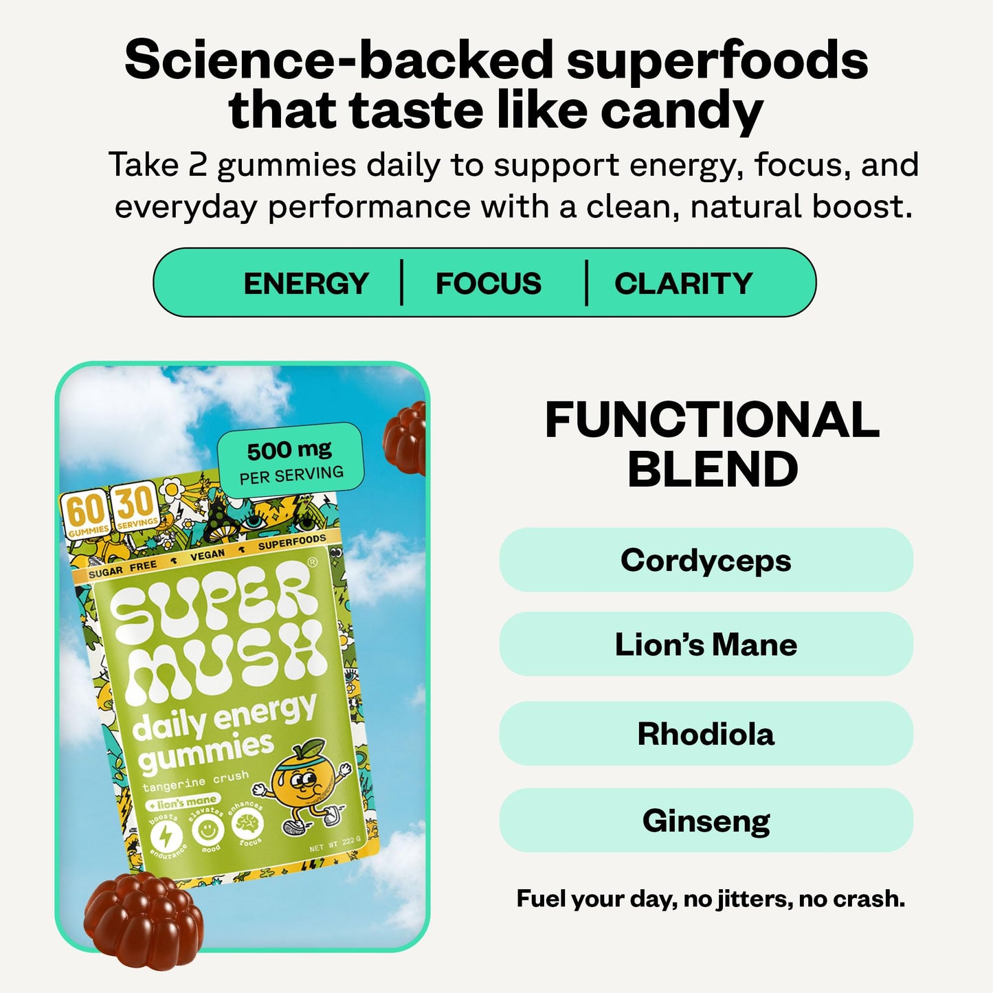 SuperMush Daily Energy Lion's Mane & Cordyceps Gummies 60 Count