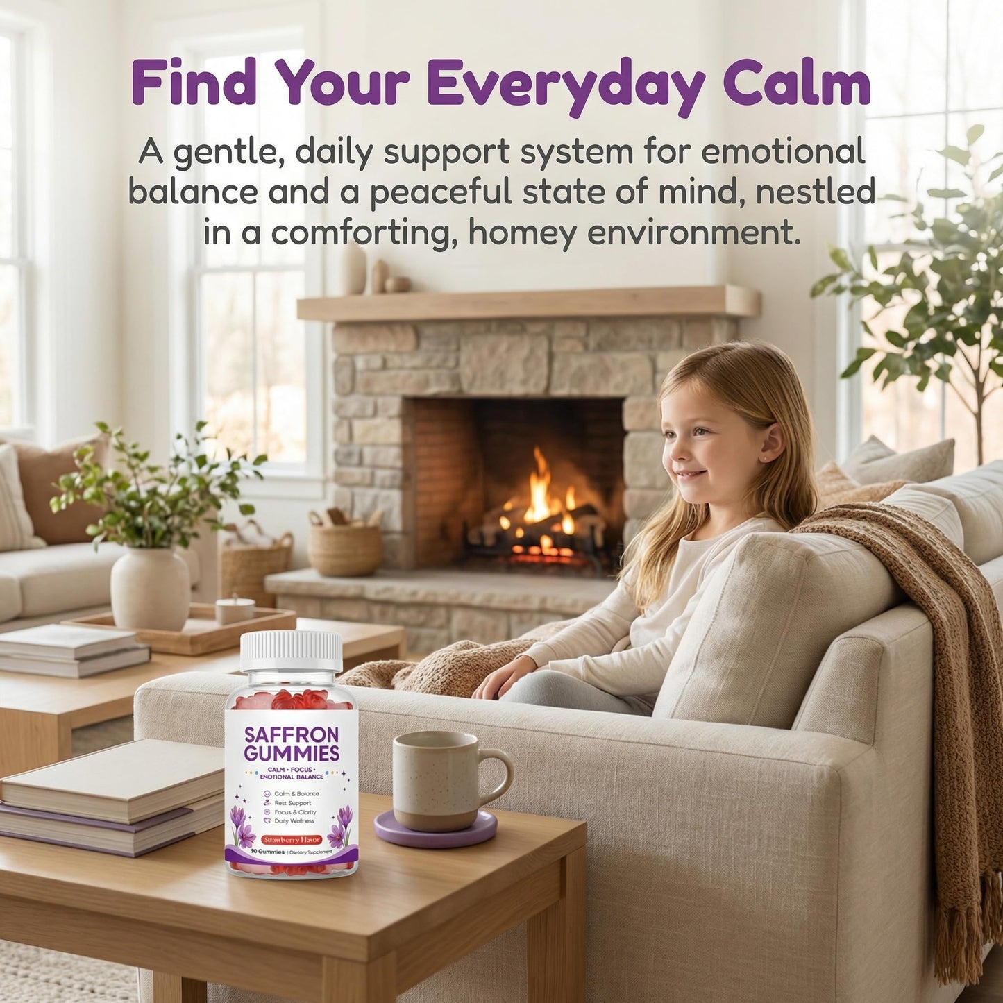 MKSUVGQ Saffron Mood & Calm Support with Passion Flower, St. John's Wort, GABA & Vitamin D2, Emotional Balance & Focus Formula, Strawberry Flavor 90 Gummies