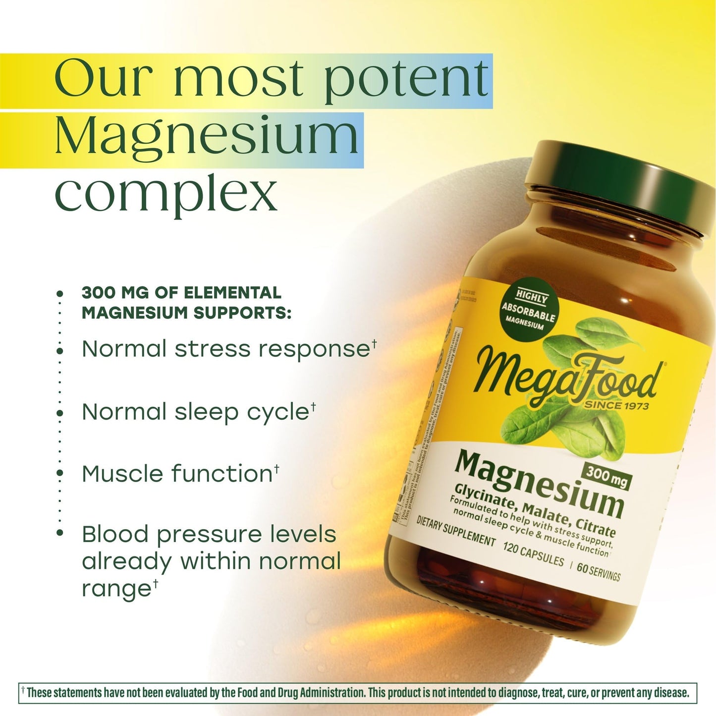 MegaFood Magnesium Glycinate, Citrate, Malate 300mg Supplement, Triple Magnesium Complex, 60 Capsules