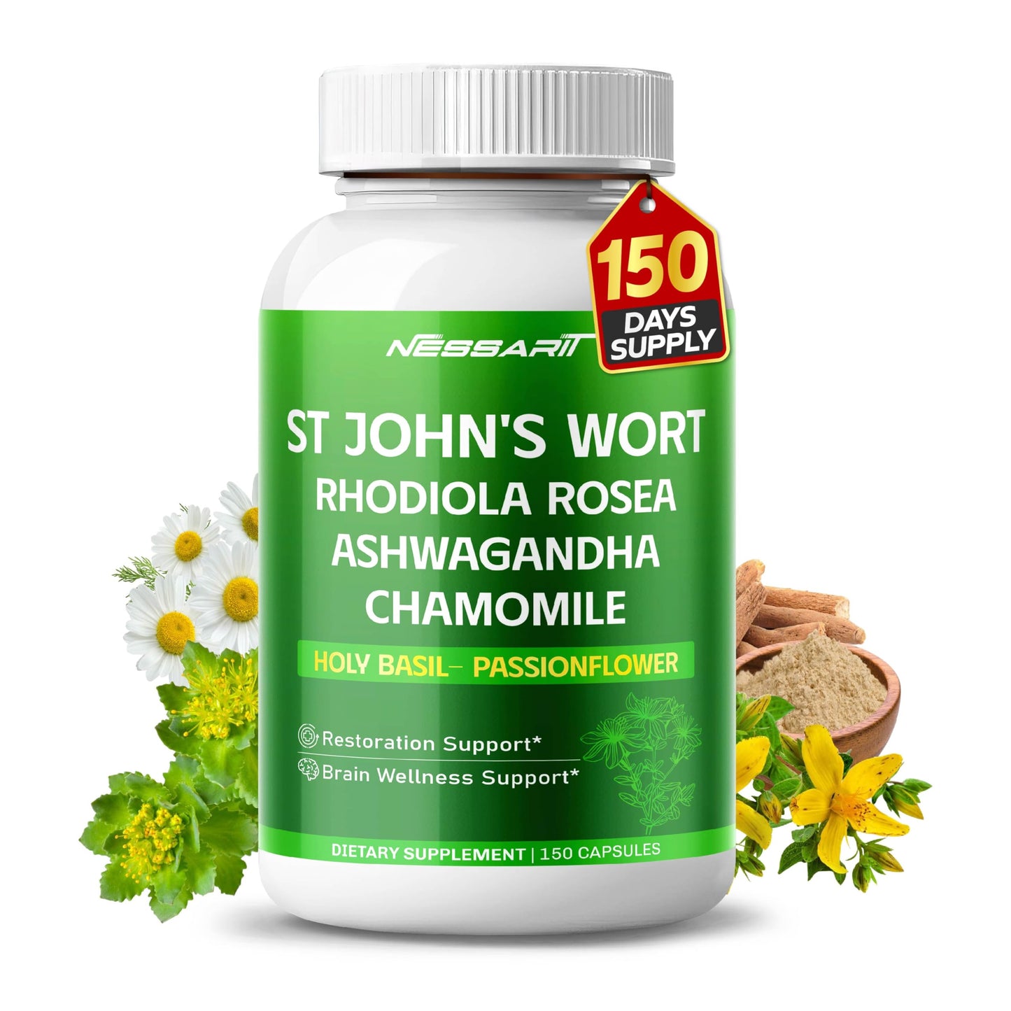 NESSARIT St John's Wort 14-in-1 Natural Blend with Rhodiola Ashwagandha Chamomile Holy Basil L-Theanine Valerian Passionflower Capsules, 150 Count