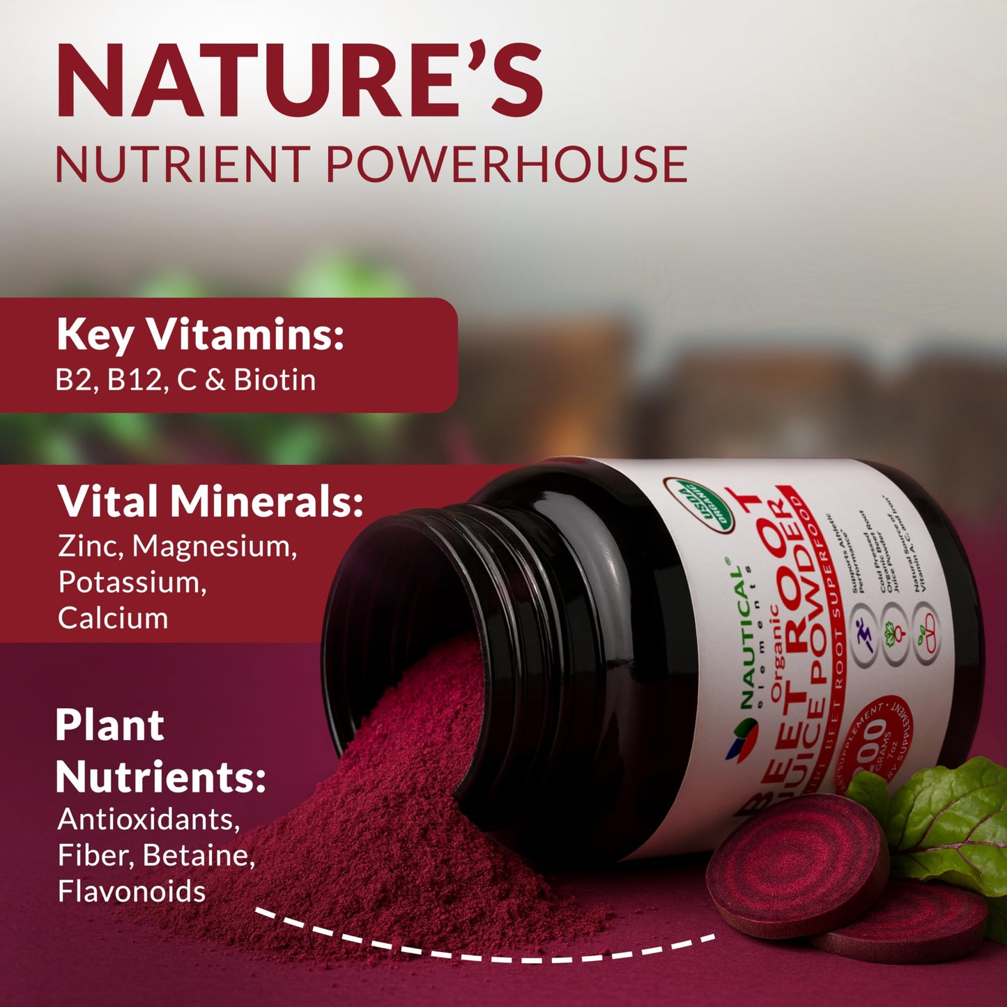 Nautical Elements Beet Juice Powder Organic Cold Pressed 20:1 Concentrate - Nitric Oxide Support, 7 oz