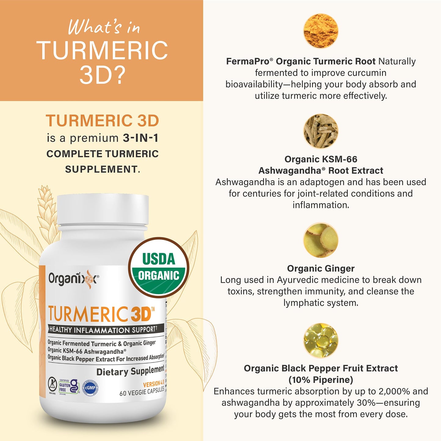 Organixx USDA Organic Turmeric Curcumin Supplement with Ashwagandha, Vitamin D, Turmeric & Ginger – Fermented for Maximum Bioavailability, 60 Vegetarian Capsules