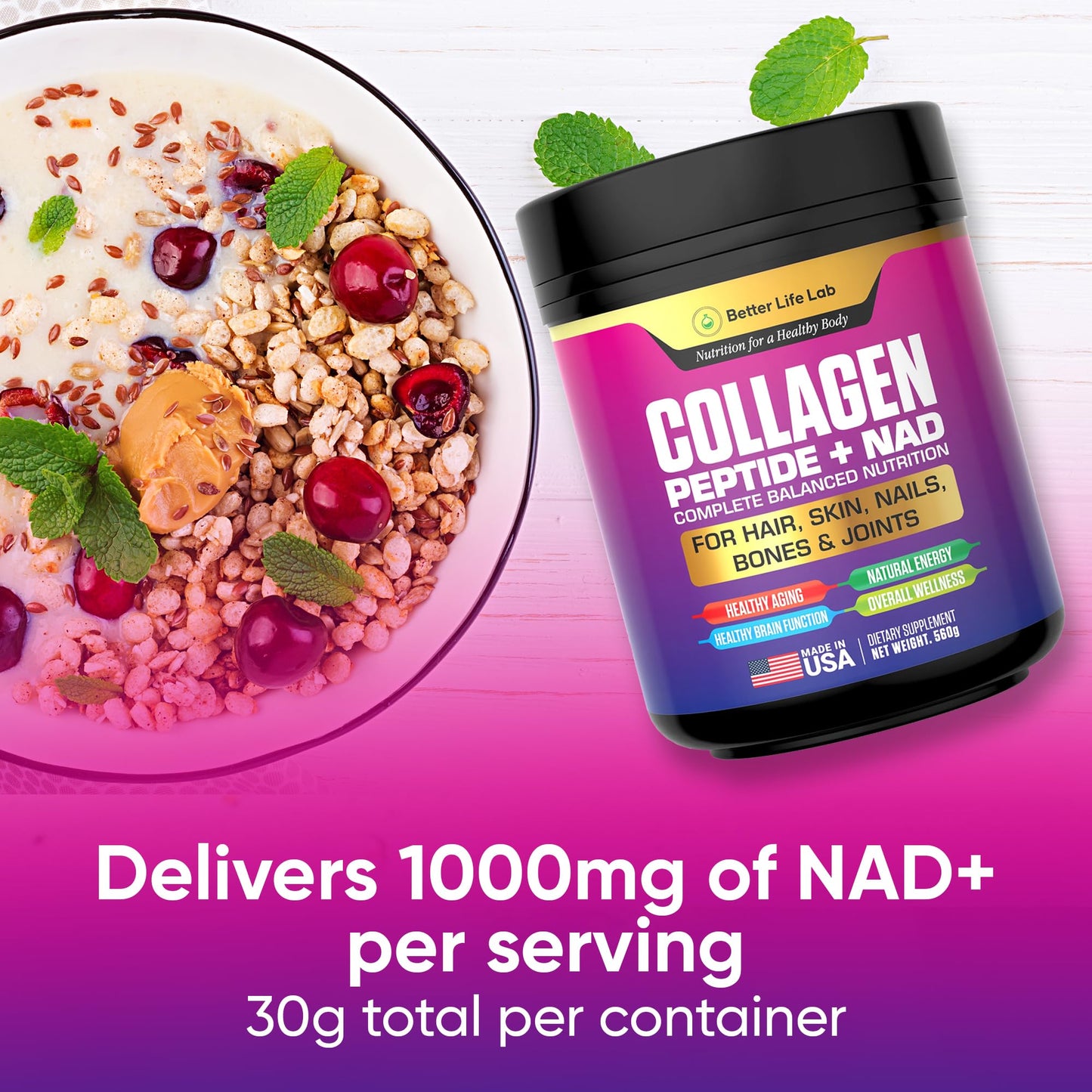 Better Life Lab Hydrolyzed Collagen Peptides with NAD – Type I & III Collagen – Grass-Fed, Unflavored Powder, 60