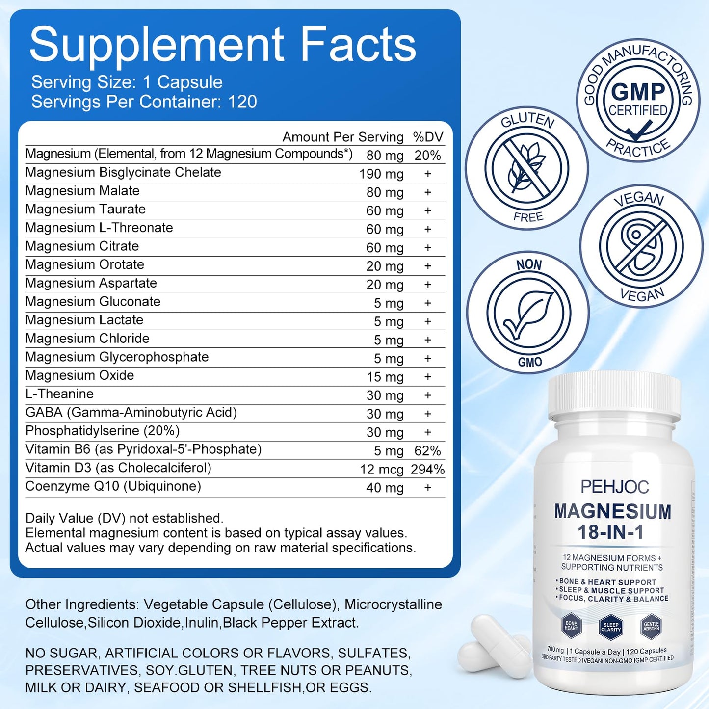 Pehjoc 18-in-1 Magnesium Complex Supplement Capsule 120 Count