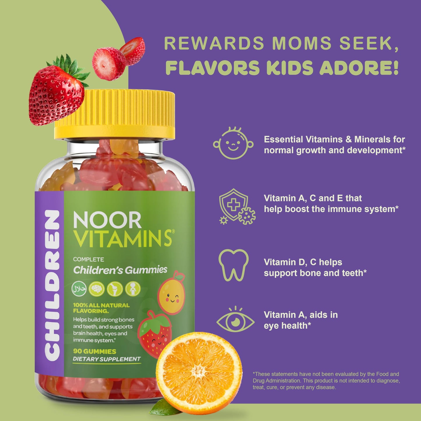 Noor Vitamins Halal Kids Multivitamin Gummies Gluten Free, 90 Count