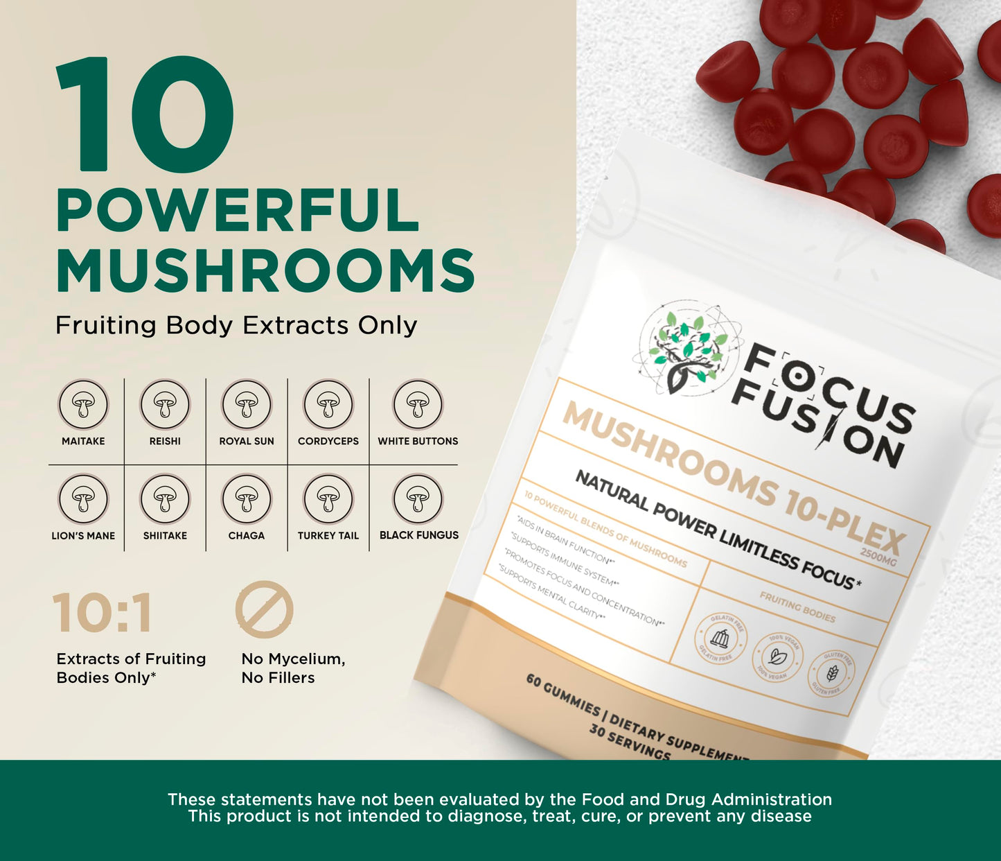 Focus Fusion 10-Plex Mushroom Gummies, 60 Count