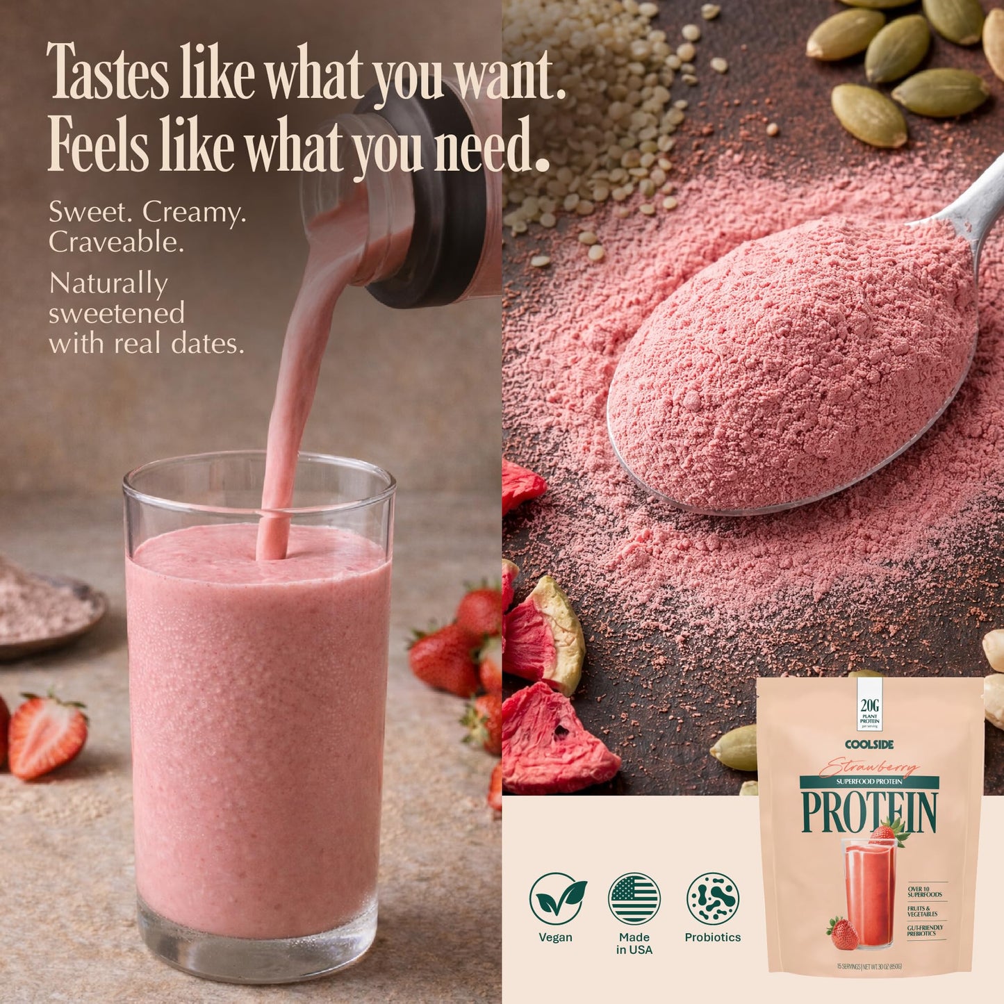 Coolside Clean Plant-Based Protein Powder, Probiotic, Strawberry, 30 Servings