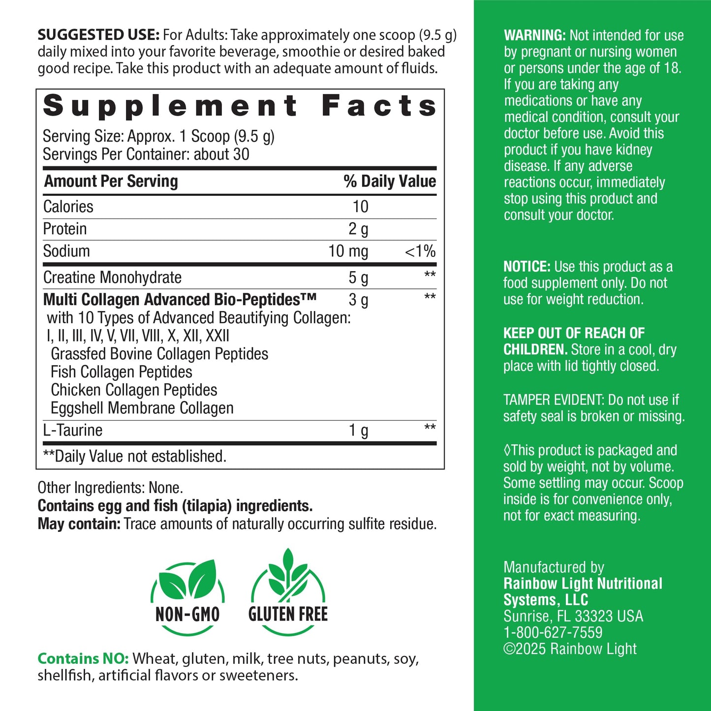 Rainbow Light Creatine + Multi Collagen Powder, Unflavored, 10 Ounce