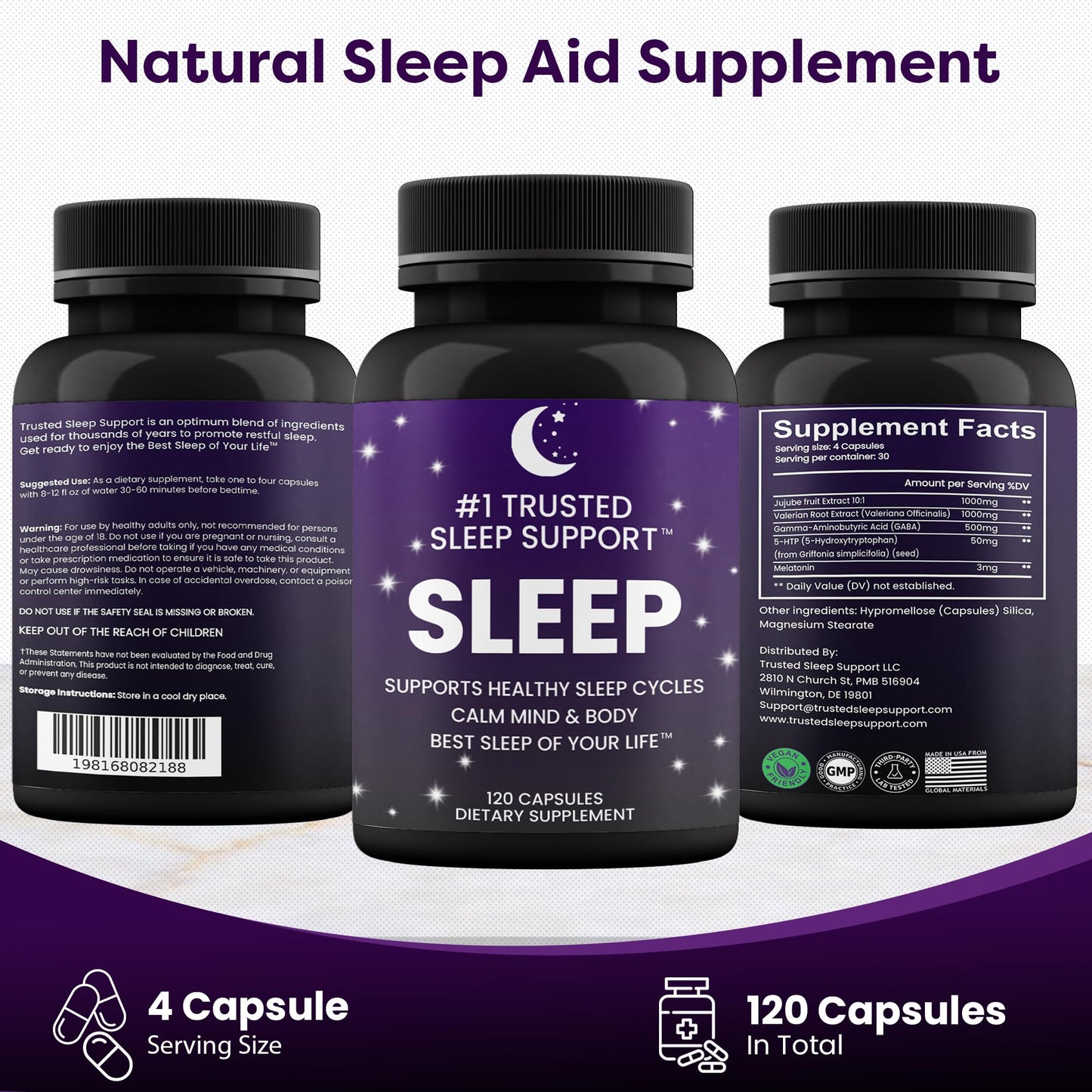 #1 TRUSTED SLEEP SUPPORT Natural Sleep Aid for Adults 120 Capsules