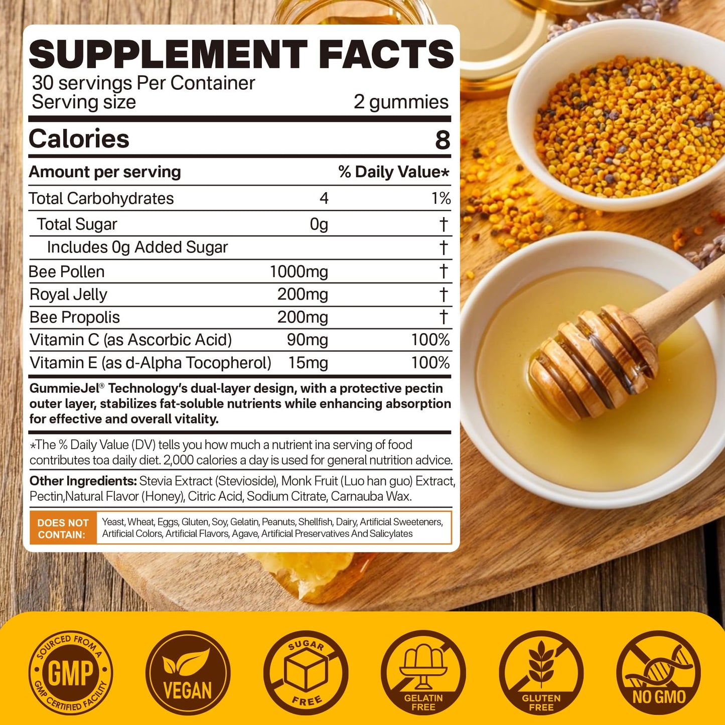 Nextdia Bee Pollen Organic 1000mg with Propolis and Royal Jelly Gummies, Sugar Free, 60 Count