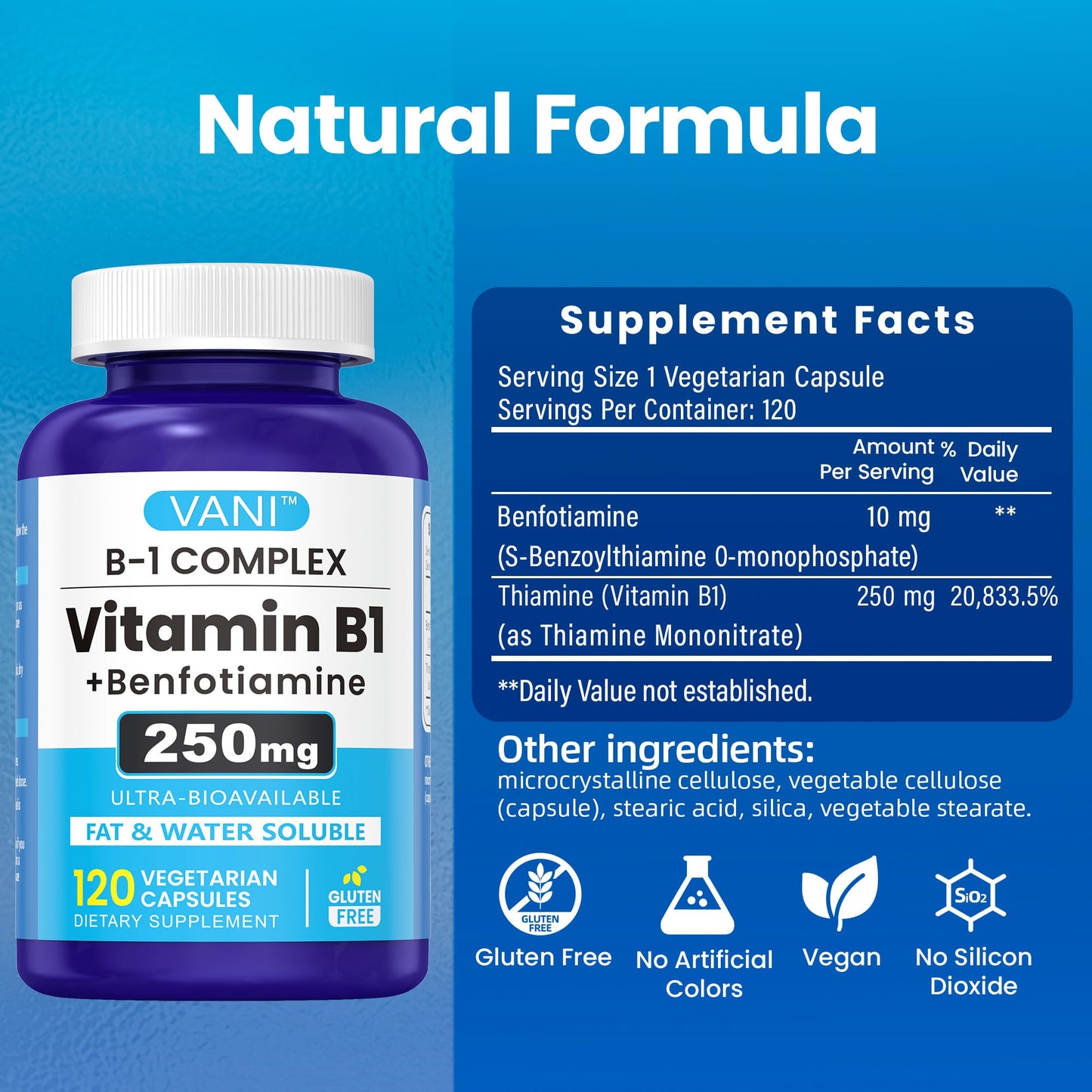 VANI Vitamin B1 with Benfotiamine 250mg Complex 2 in 1 Enhanced Formula - Fat & Water Soluble Thiamine B1 Supplement, 120 Capsules