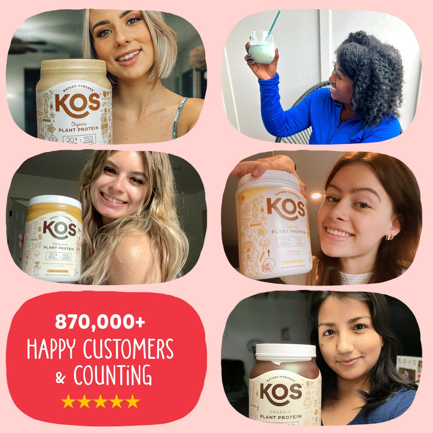 KOS Vegan Protein Powder Strawberries & Cream, USDA Organic - Low Carb Pea Protein Blend, Plant Based Superfood with Vitamins & Minerals, Gluten Free - 28 Servings, 38.5 oz