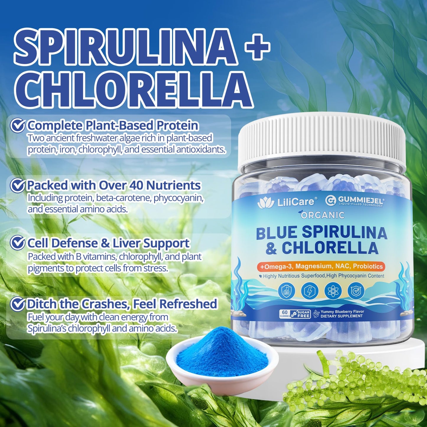 LILICARE Organic Blue Spirulina Chlorella Gummies, 60 Count