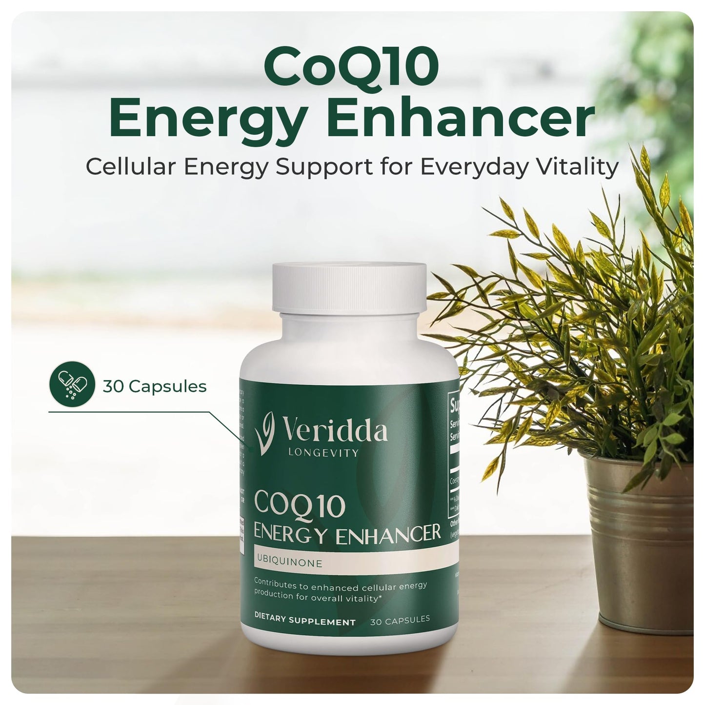 Veridda Longevity CoQ10 200 mg Ubiquinone Coenzyme Capsules, 30 Count