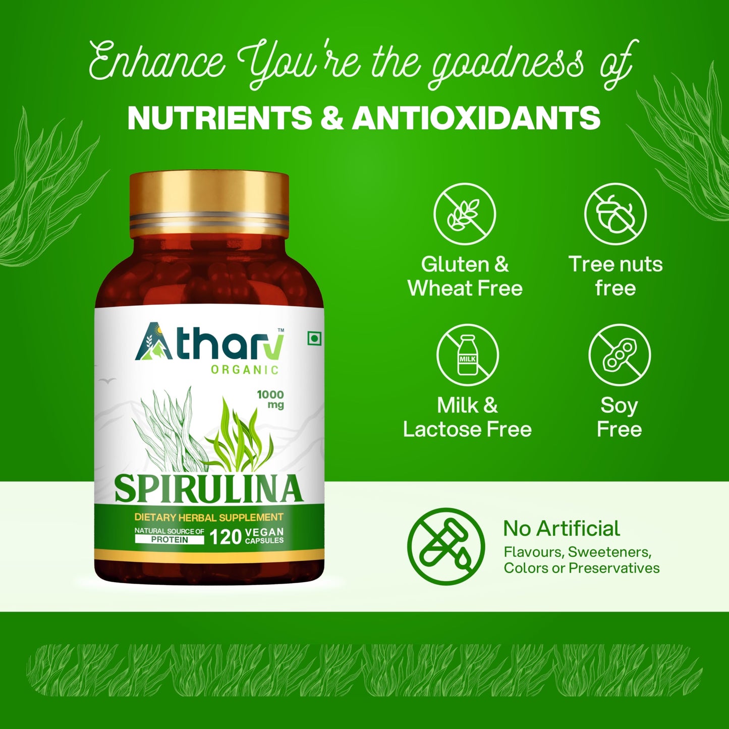 ATHARV ORGANIC Spirulina Supplement 1000mg Capsule, 120 Count