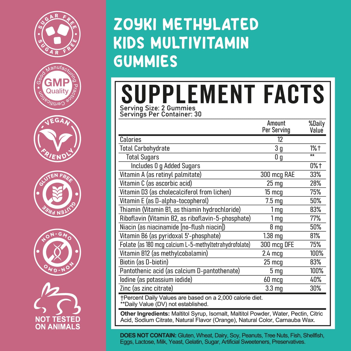 Zoyki Methylated Multivitamin Gummies for Kids with B Complex, 5-MTHF Folate (L-Methylfolate), 60 Count