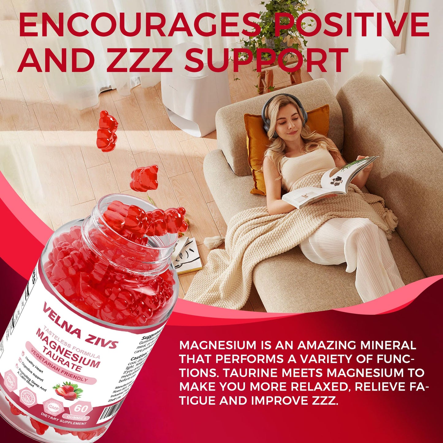 Velna zivs Magnesium Taurate Gummies 1800mg, 60 Count