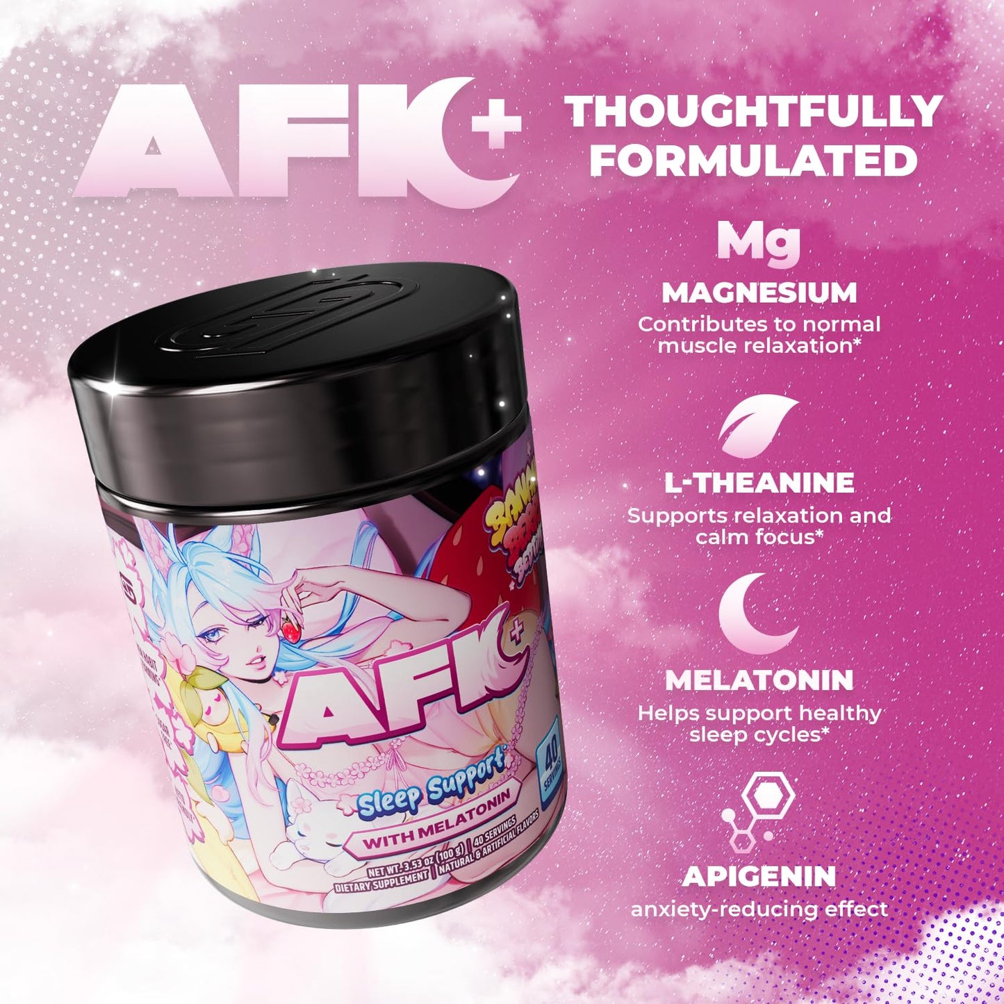 Gamer Supps AFK+ with Melatonin Bananaberry Bedtime by Silvervale Sleep Support Powder, 3.53 oz