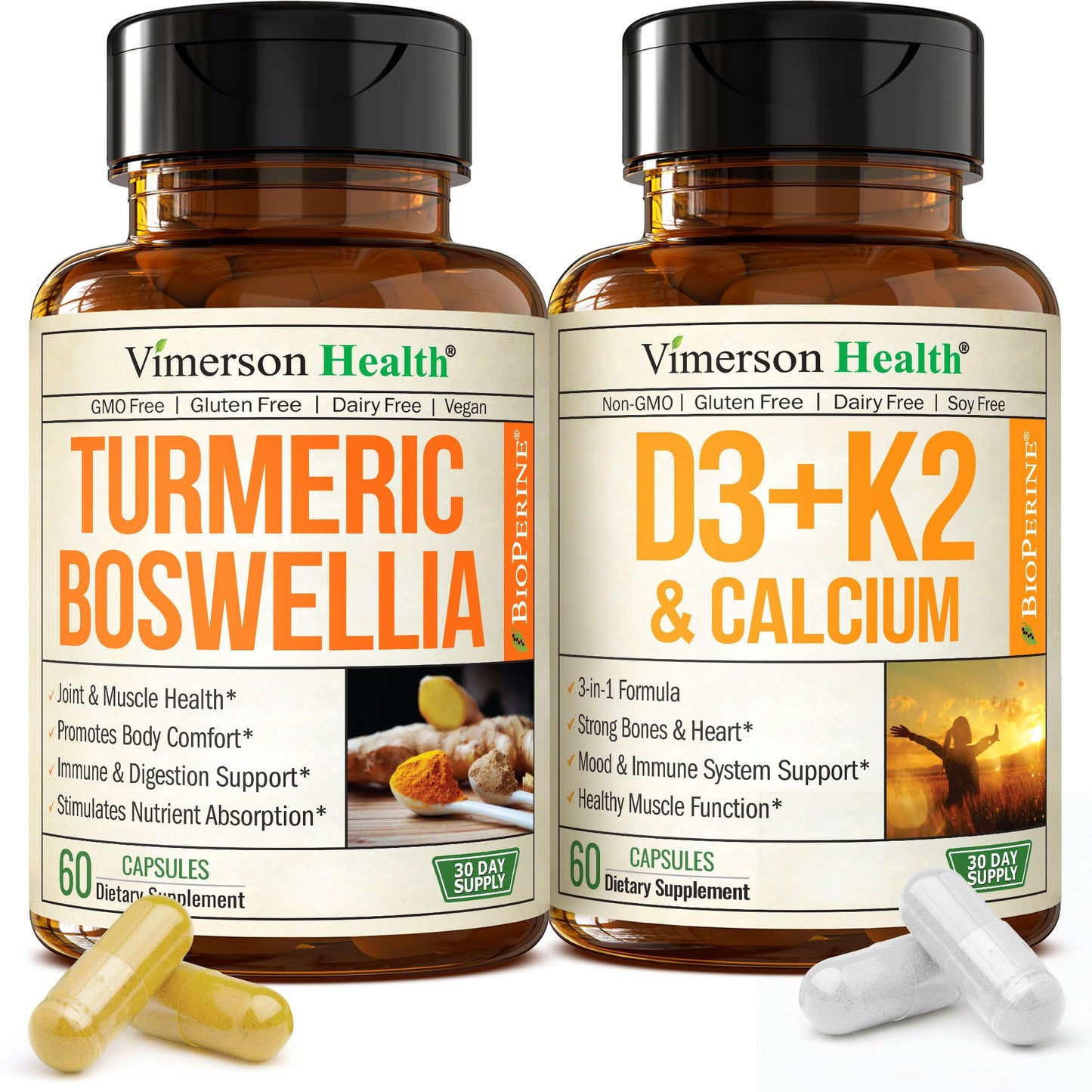 Vimerson Health Boswellia Turmeric Curcumin Supplement + Vitamin D3 K2 5000 IU Capsule, 120 Count