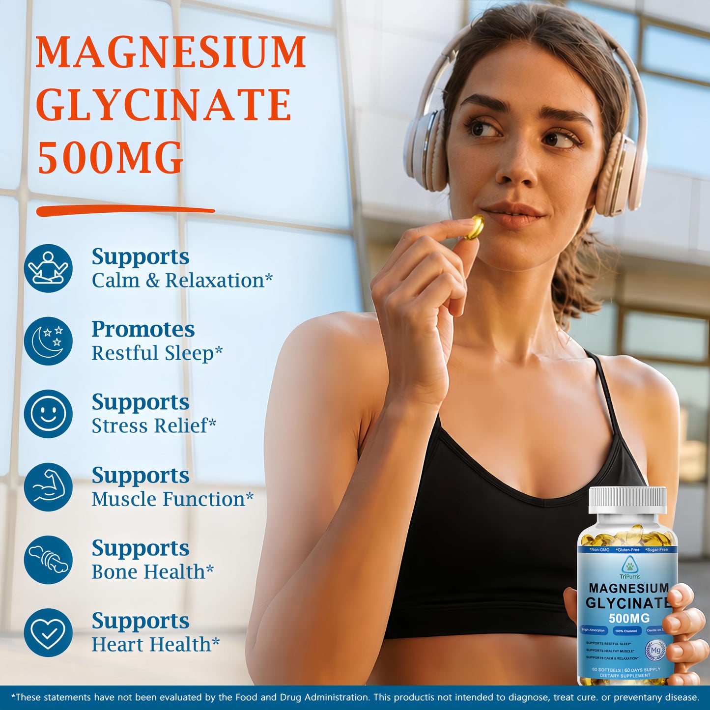 TriPurris Magnesium Glycinate 500mg Supplement Softgel, 60 Count