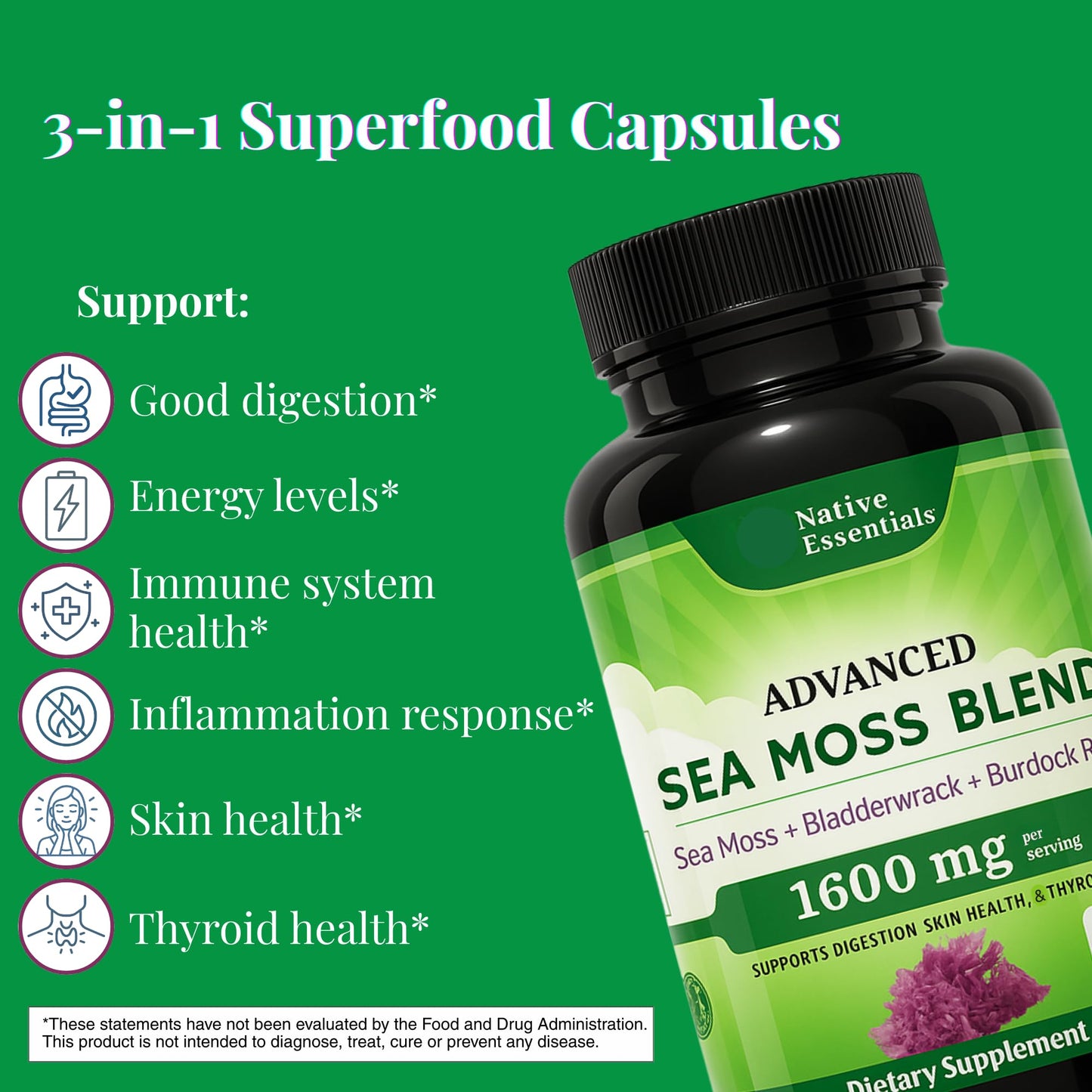 Native Essentials Sea Moss Complex 1600mg - Thyroid Immunity Skin Support Capsule, 120 Count