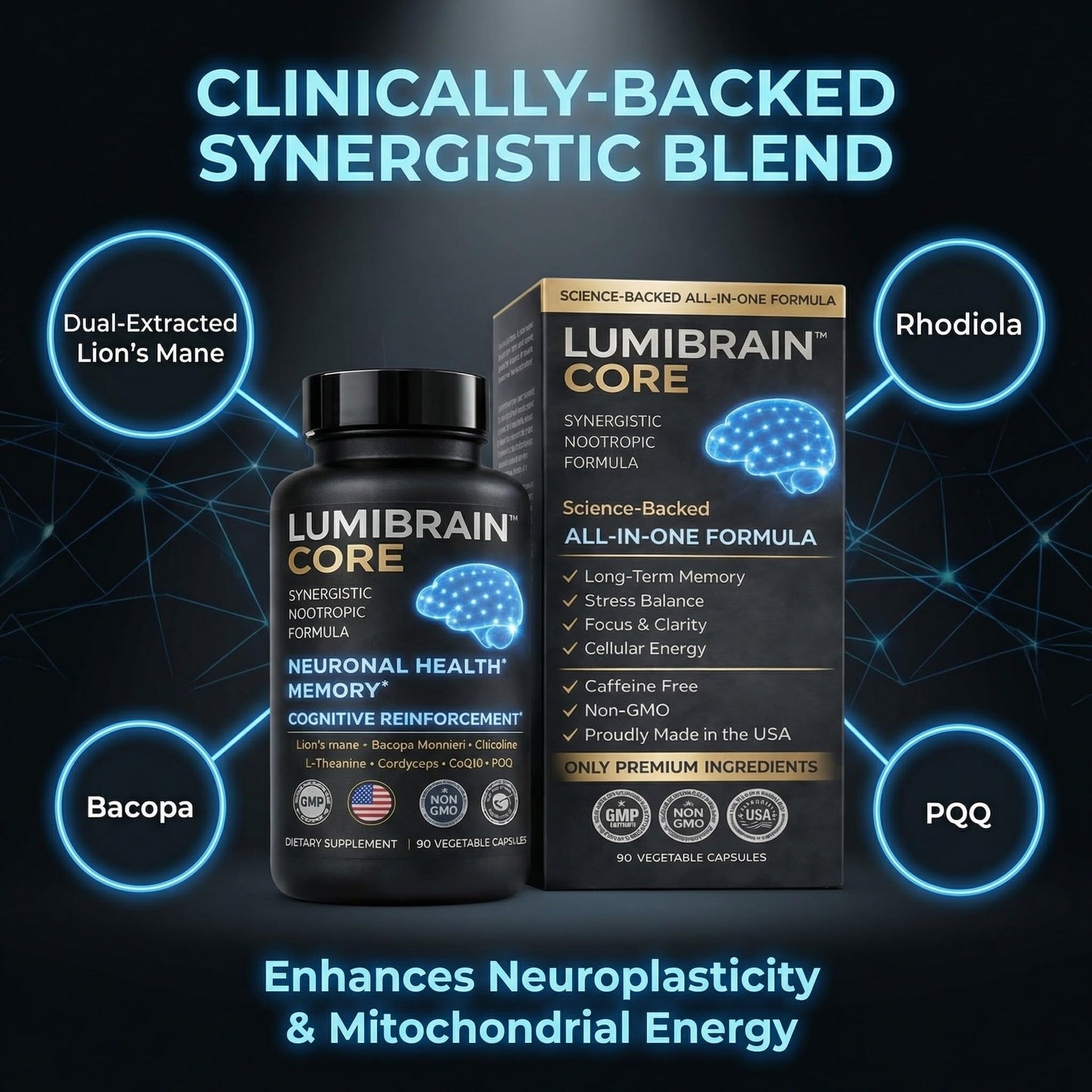 LumiBrain CORE Brain Supplement for Memory and Focus, Caffeine-Free Nootropic for Brain Energy, 90 Capsules