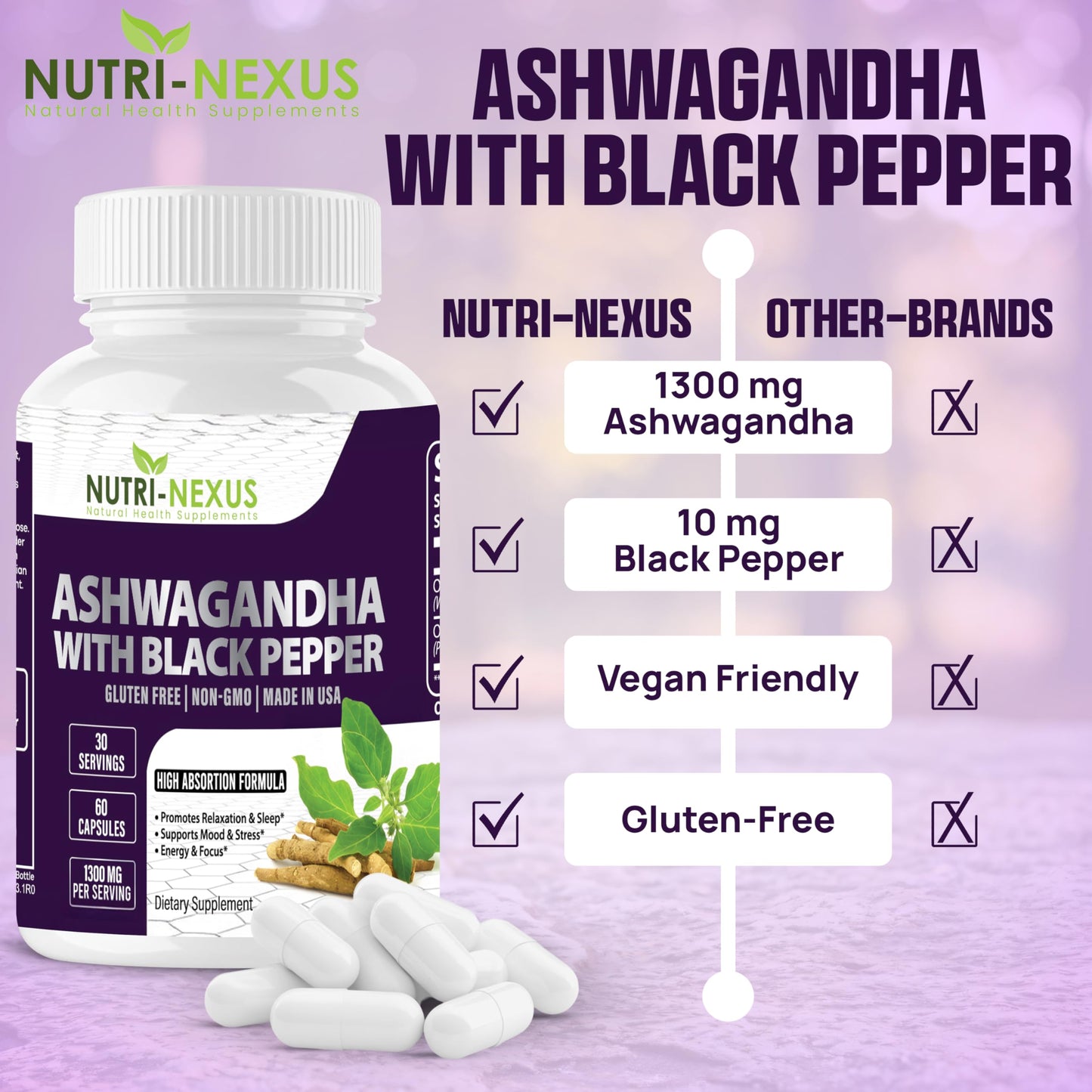 NUTRI-NEXUS Ashwagandha with Black Pepper 1300mg Organic Root Extract, 60 Capsules