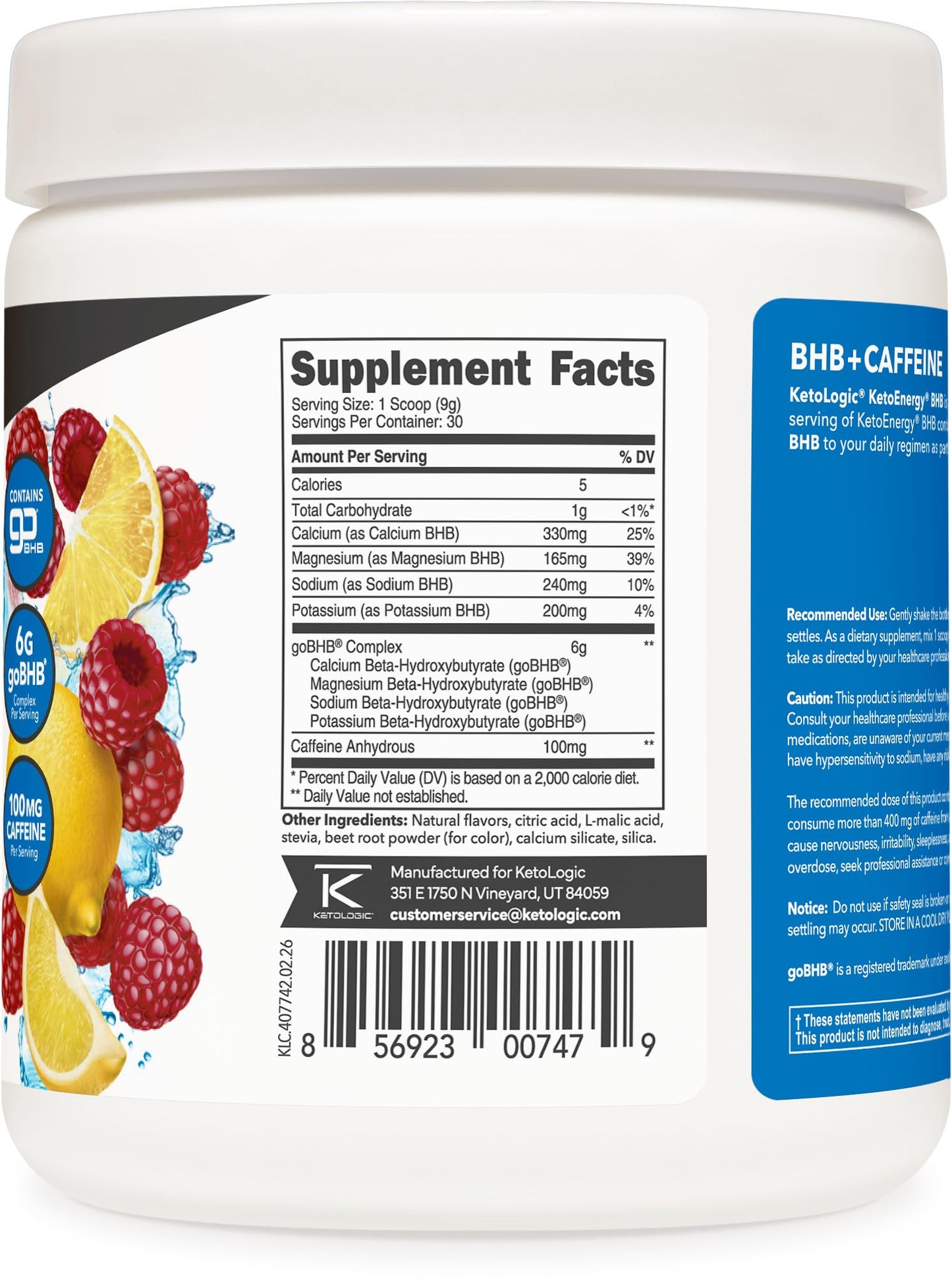 Ketologic KetoLogic BHB KetoEnergy Exogenous Ketones Powder with Caffeine Raspberry Lemonade 8.9 Ounce
