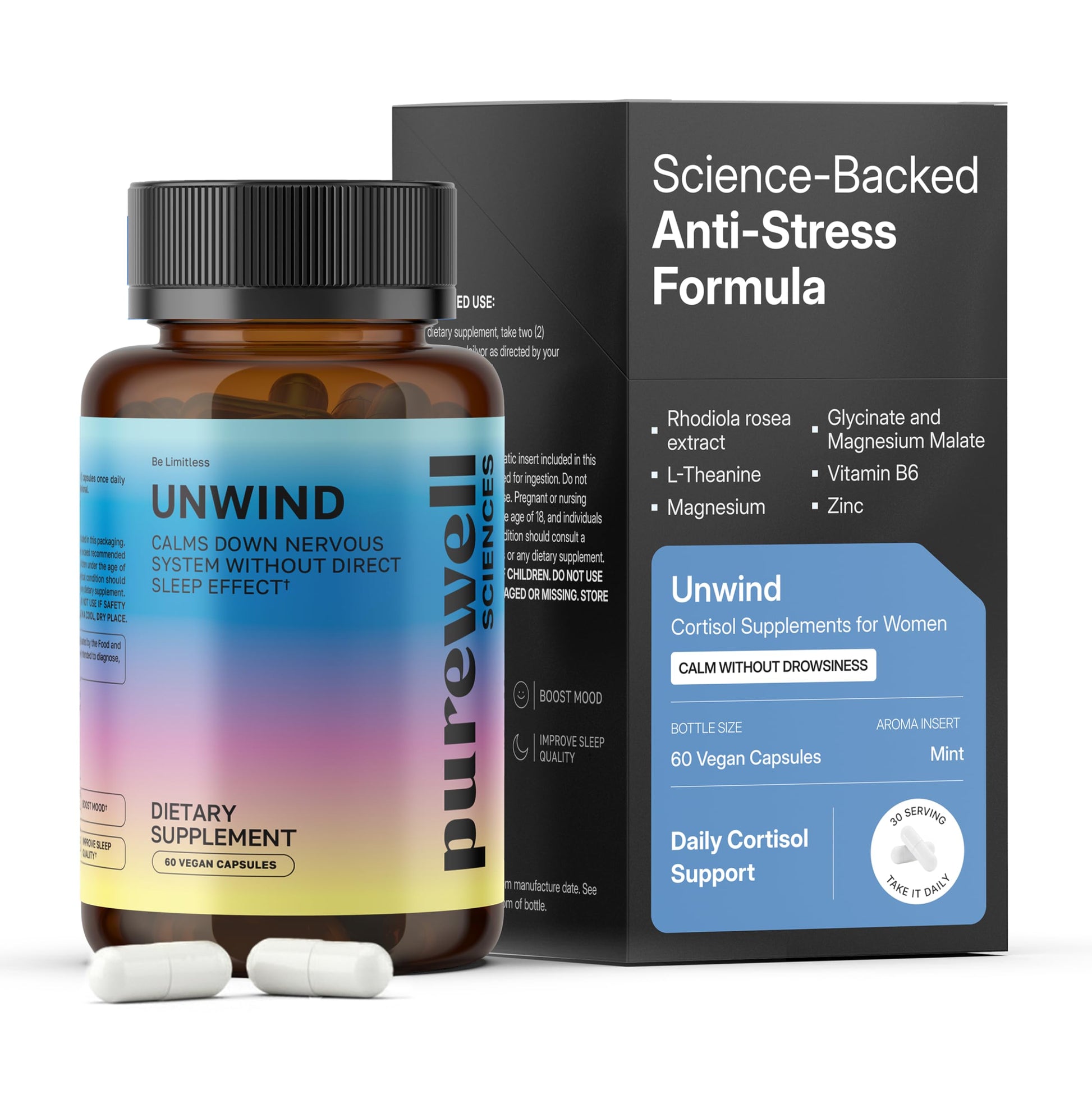 PUREWELL SCIENCES Unwind Cortisol Supplements for Women - Without Sedation Capsule, 60 Capsules