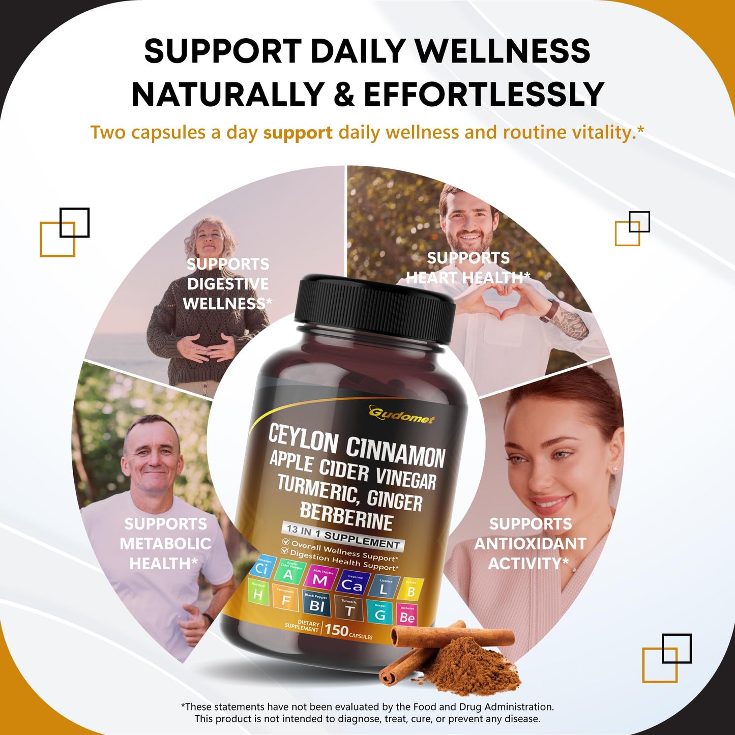 GUDOMET Ceylon Cinnamon Capsules with Apple Cider Vinegar, Berberine HCL & Black Pepper, Digestion & Overall Wellness Support, 150 Capsules