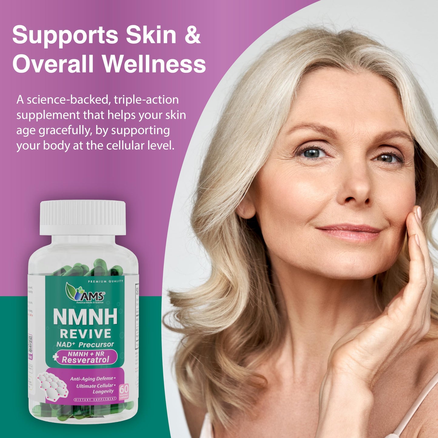 America Medic & Science NMNH Revive Dual NAD+ Precursor Supplement for Longevity, Healthy Aging, Energy, Metabolic Function, Skin & Cellular Health, 60 Capsules