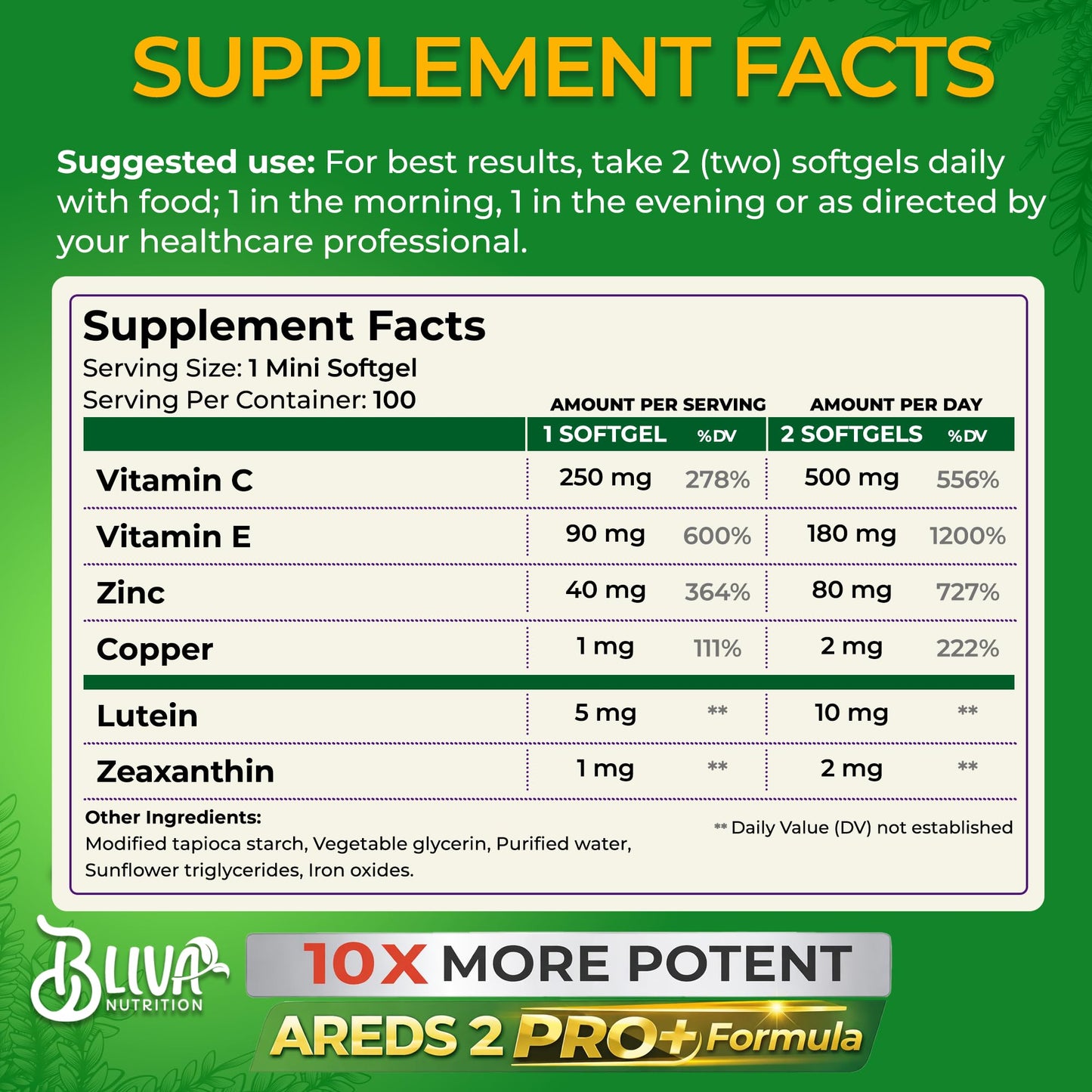 BLIVA NUTRITION AREDS 2 Eye Vitamins & Mineral Supplement 100 Softgels