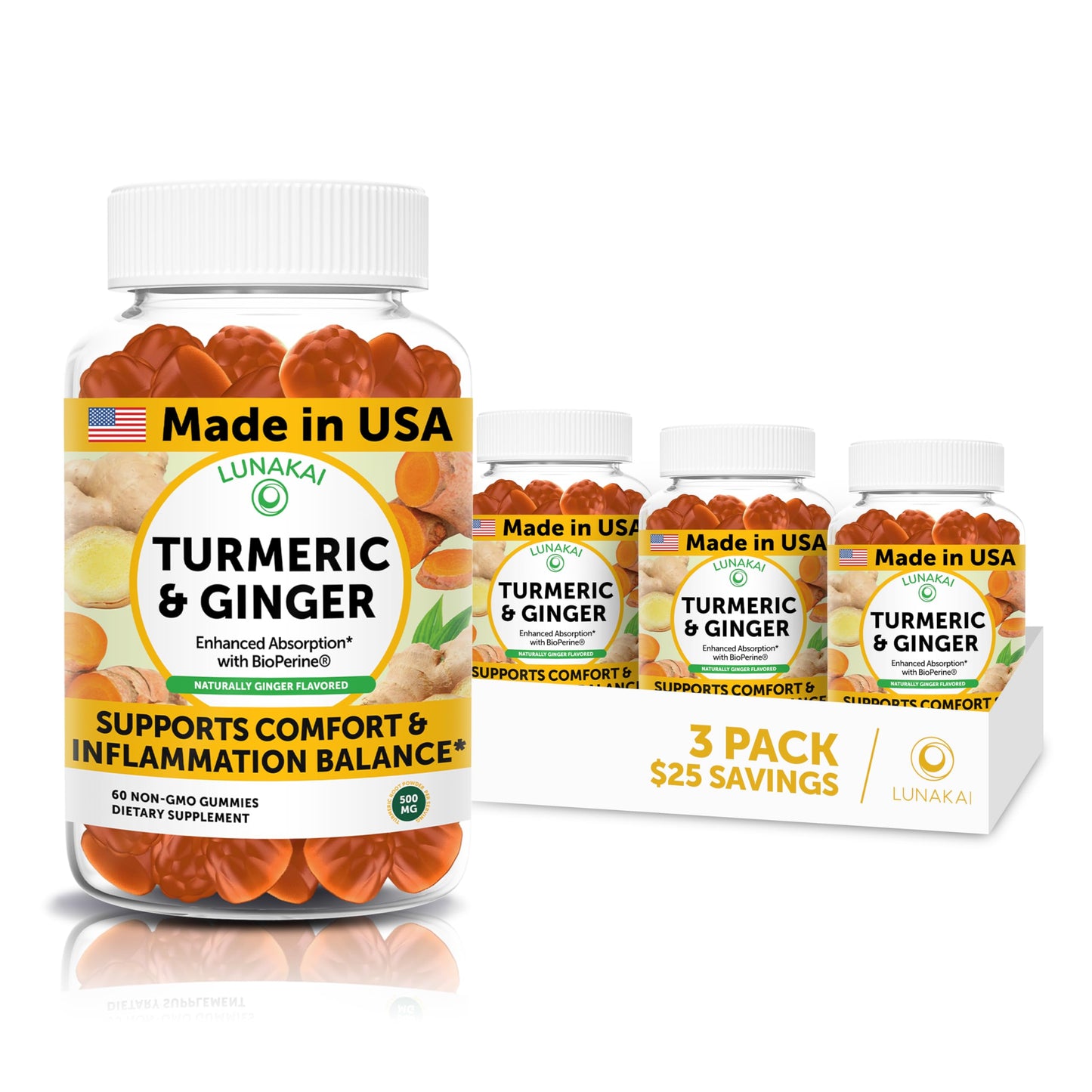 Lunakai Turmeric and Ginger Supplement Gummies 500mg with Black Pepper, 180 Count