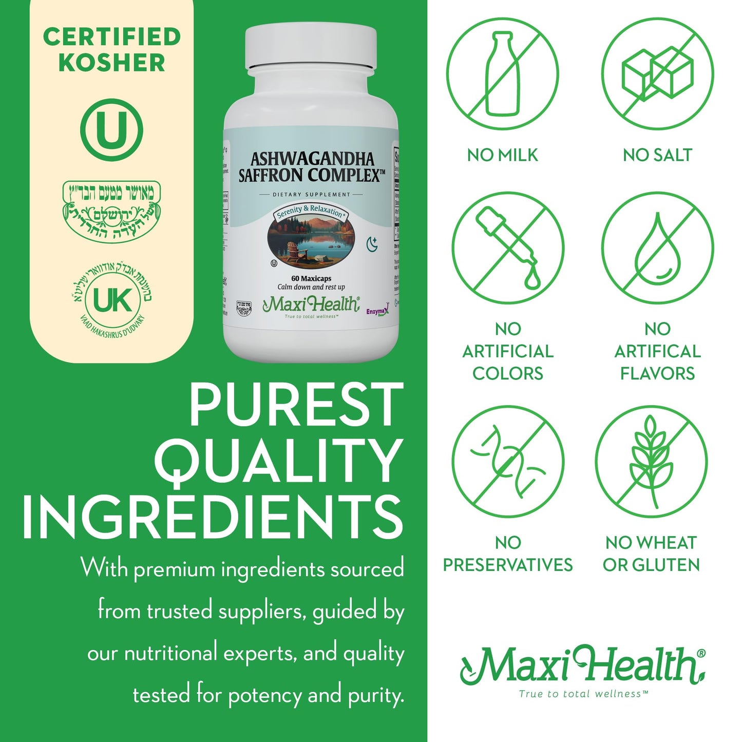 Maxi Health Ashwagandha Complex with Saffron 600mg Ashwagandha Capsules & 30mg Saffron Extract, 60 Capsules