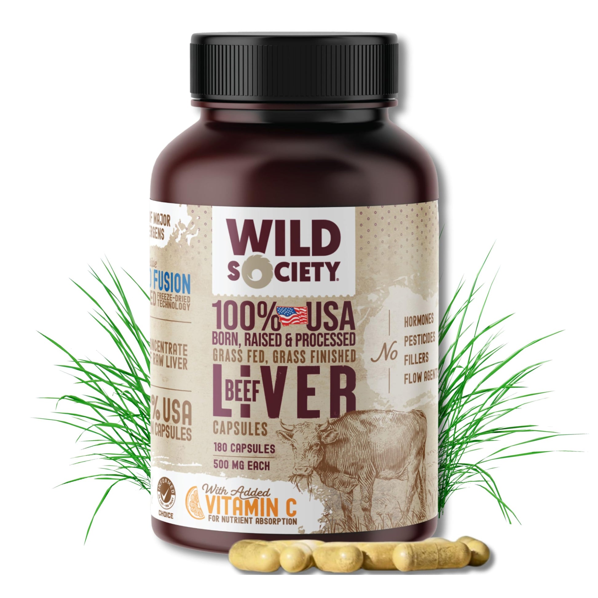 WILD SOCIETY USA Grass Fed Beef Liver Capsules, 180 Count
