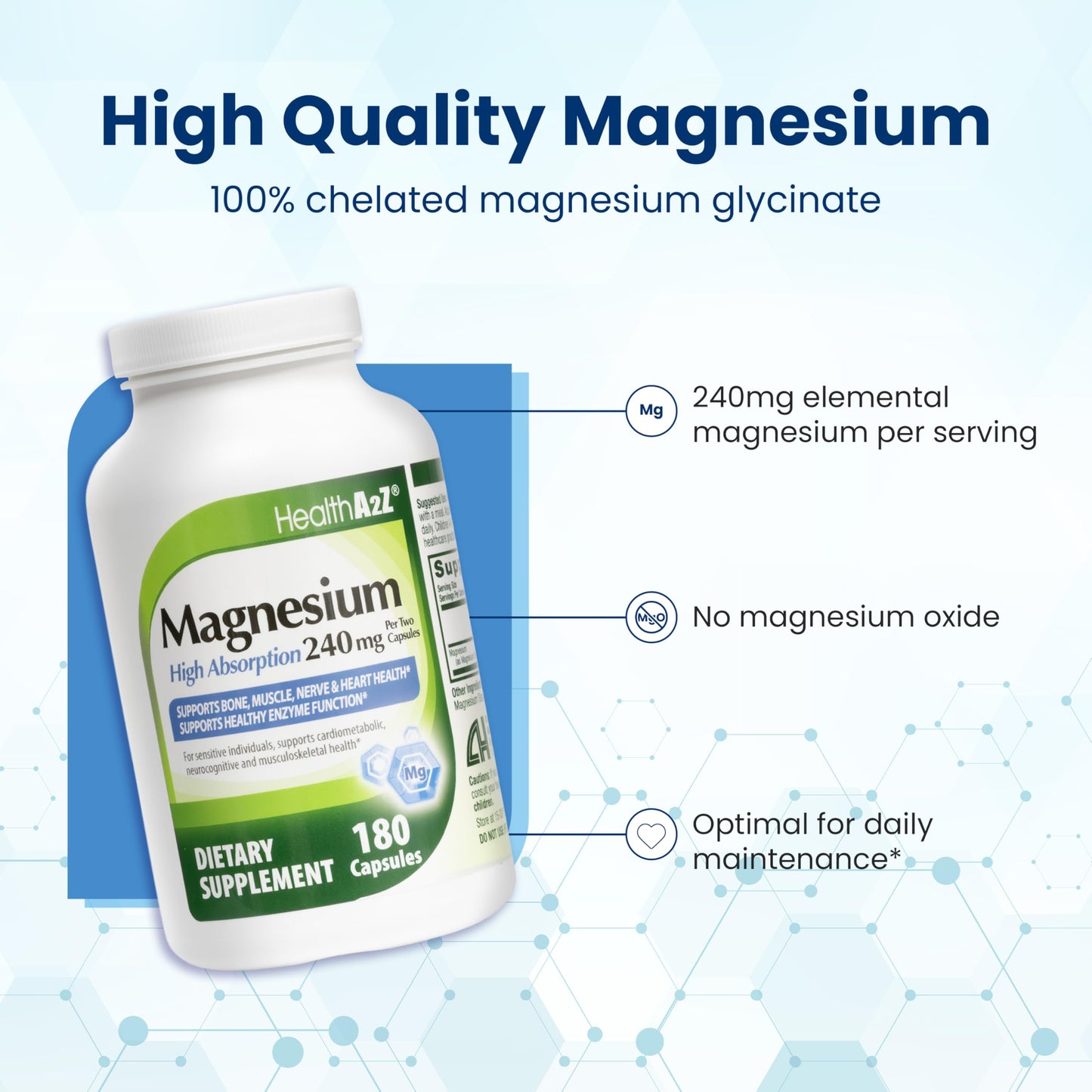 HealthA2Z Magnesium Glycinate 240 mg High Absorption Dietary Supplement, 60 Capsules
