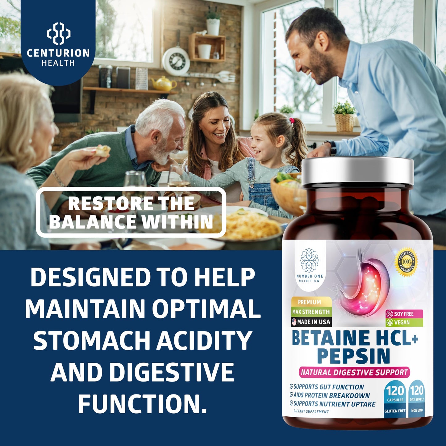 Number One Nutrition Premium Betaine Hydrochloride Enzymes Supplement with Pepsin Capsule, 120 Count