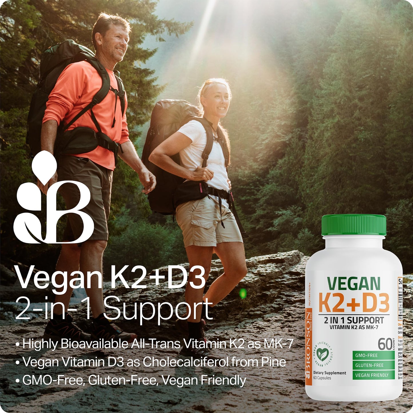 Bronson Vitamin K2+D3 Vegan 2 in 1 Support Vitamin K2 As MK-7 Tablets, 60 Tablets