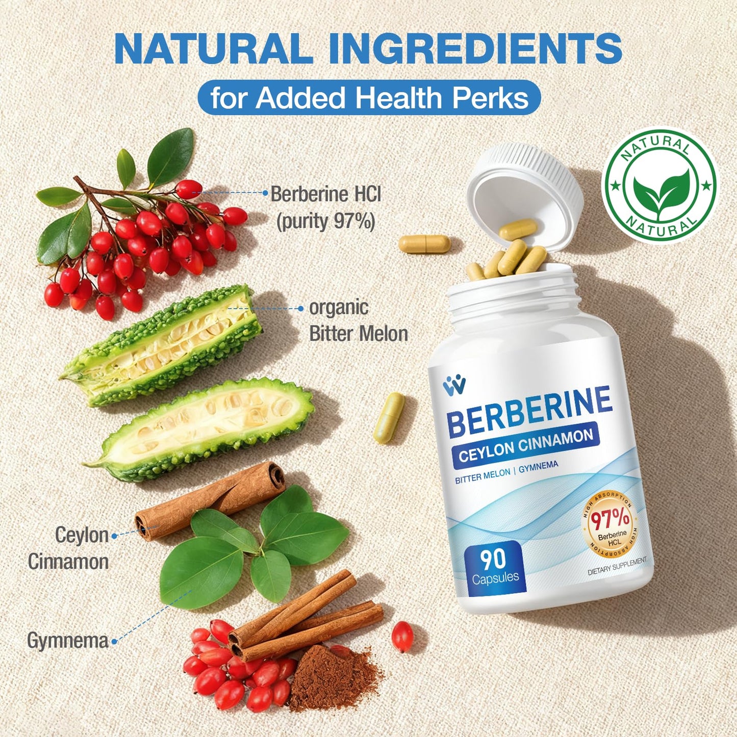 WACHRAY Berberine Supplement 1500mg with Ceylon Cinnamon, Berberine HCl 97% Purity, Non-GMO Vegan Capsules, 90 Count