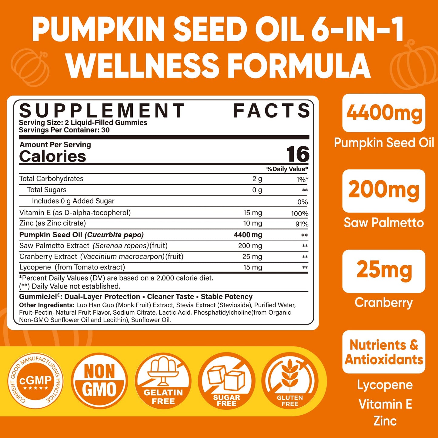 LILICARE Pumpkin Seed Oil Gummies 4400mg with Saw Palmetto, Cranberry, Lycopene, Vitamin E, Zinc, Cold Pressed, Pure Virgin Pumpkin Seed Oil for Hair Growth, Skin, Urinary, Bladder & Prostate Health 60 Count