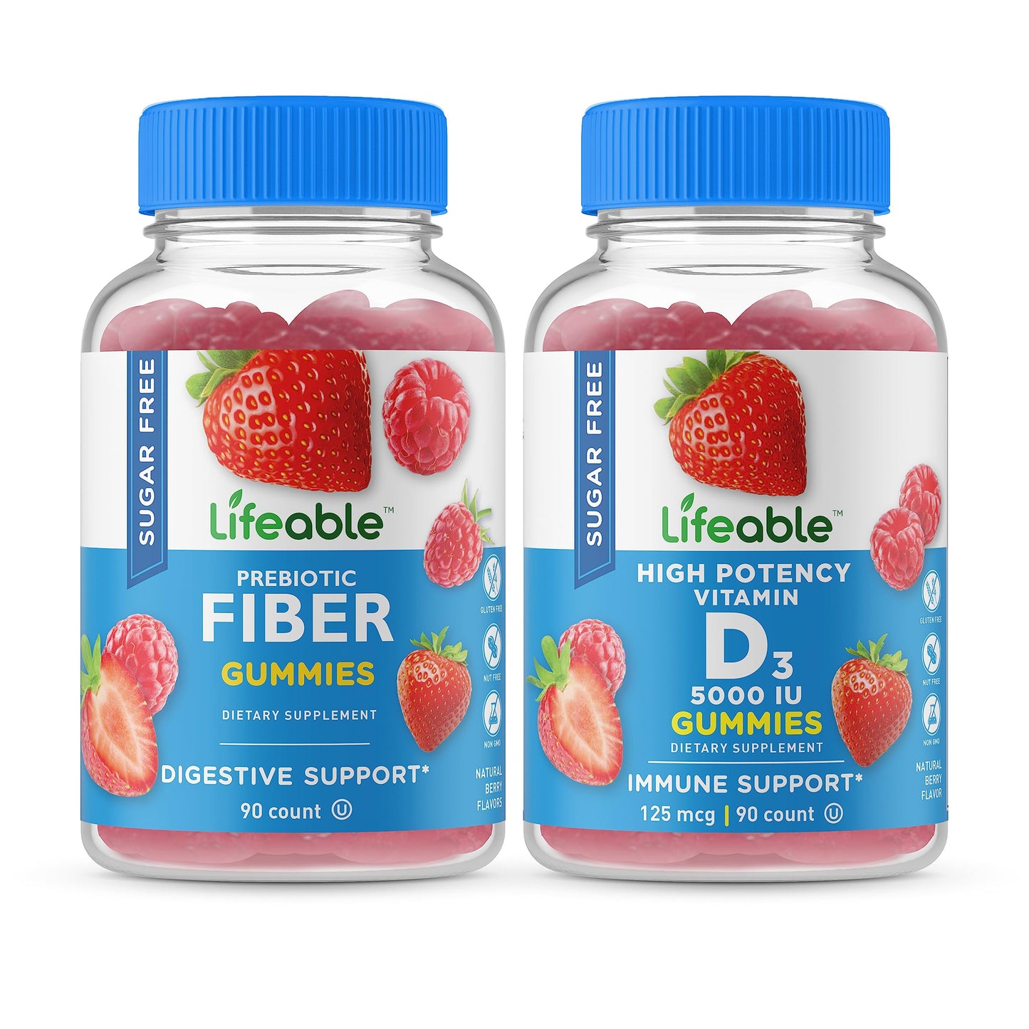 Lifeable Sugar Free Prebiotic Fiber + Vitamin D 5000 IU Gummies, 90 Count