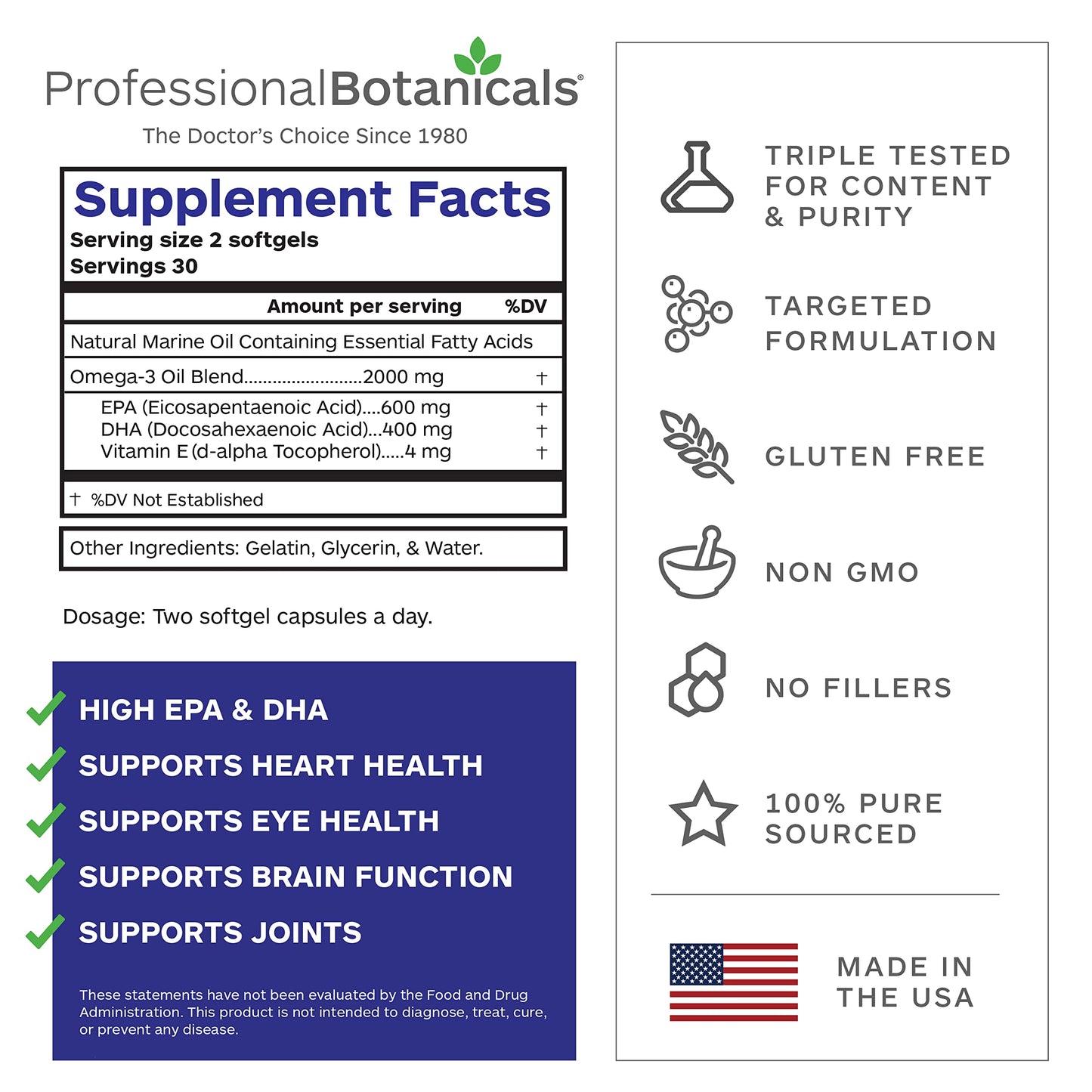 Professional Botanicals Omega 3 Marine Lipid EPA (900 mg), DHA (600 mg), Vitamin E (D-Alpha Tocopherol) (3 mg) Soft Gels, 60 Soft Gels